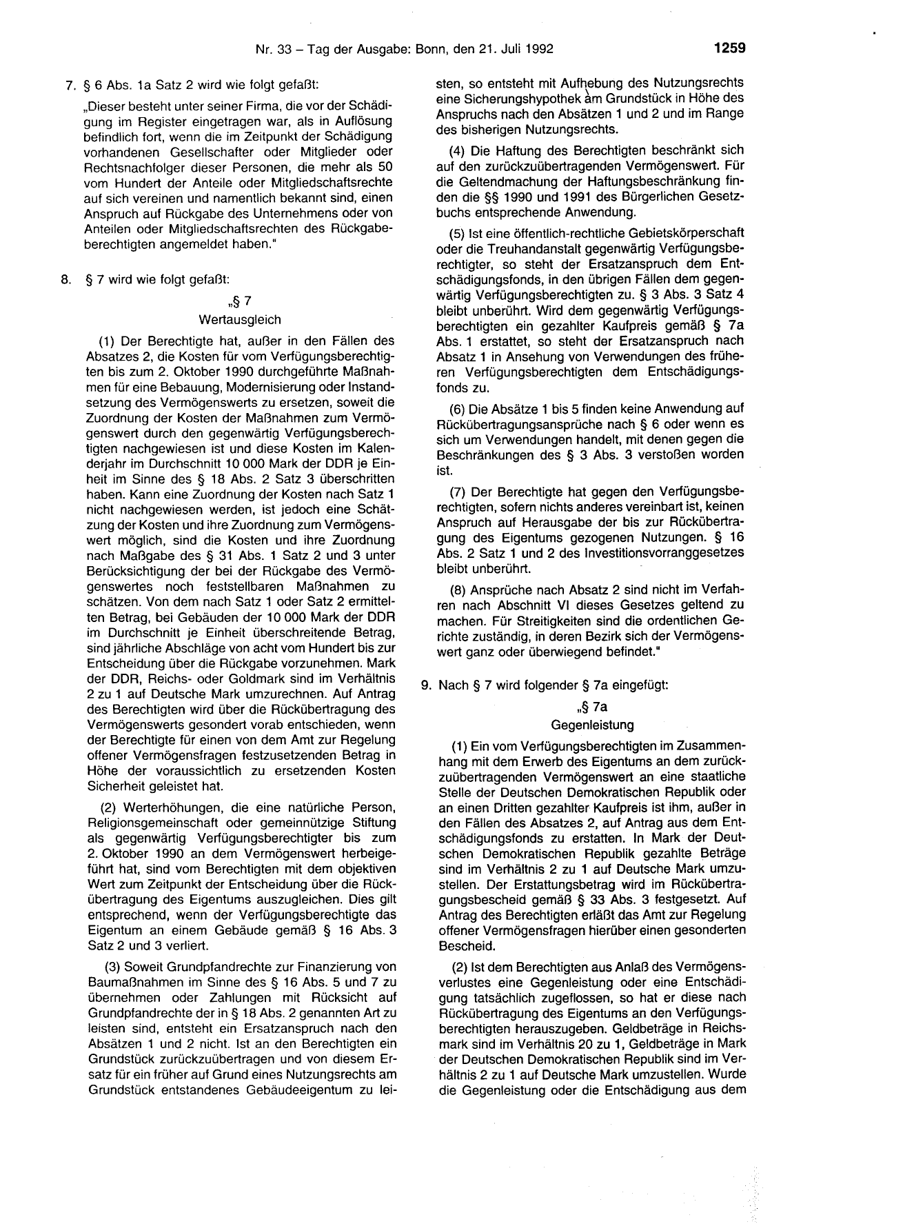 BGBl. 1992, Seite 1259 — Originalseite als Abbildung