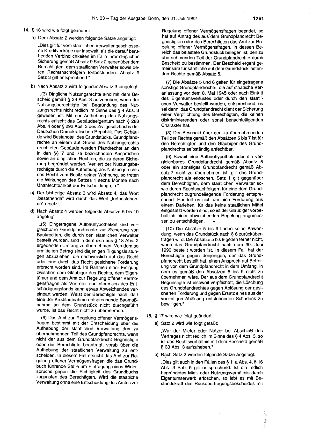 BGBl. 1992, Seite 1261 — Originalseite als Abbildung