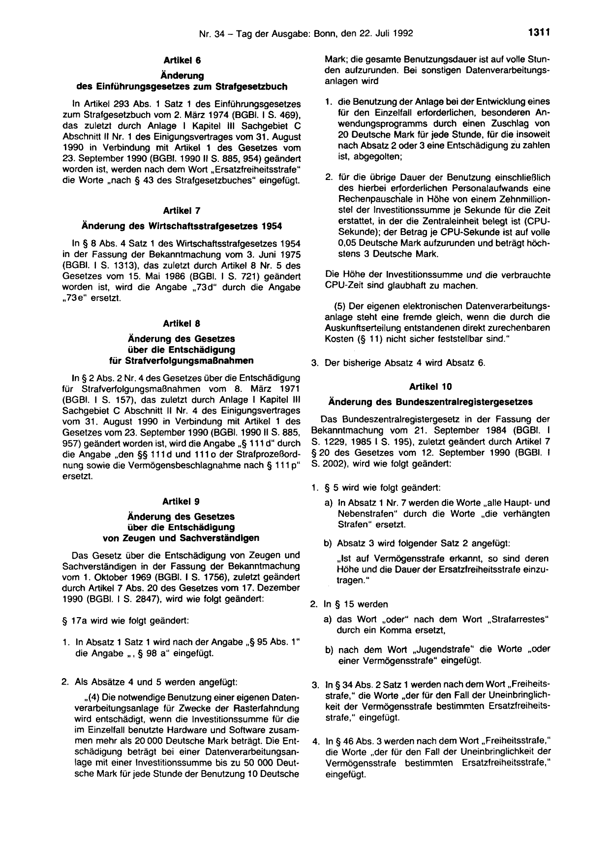 BGBl. 1992, Seite 1311 — Originalseite als Abbildung
