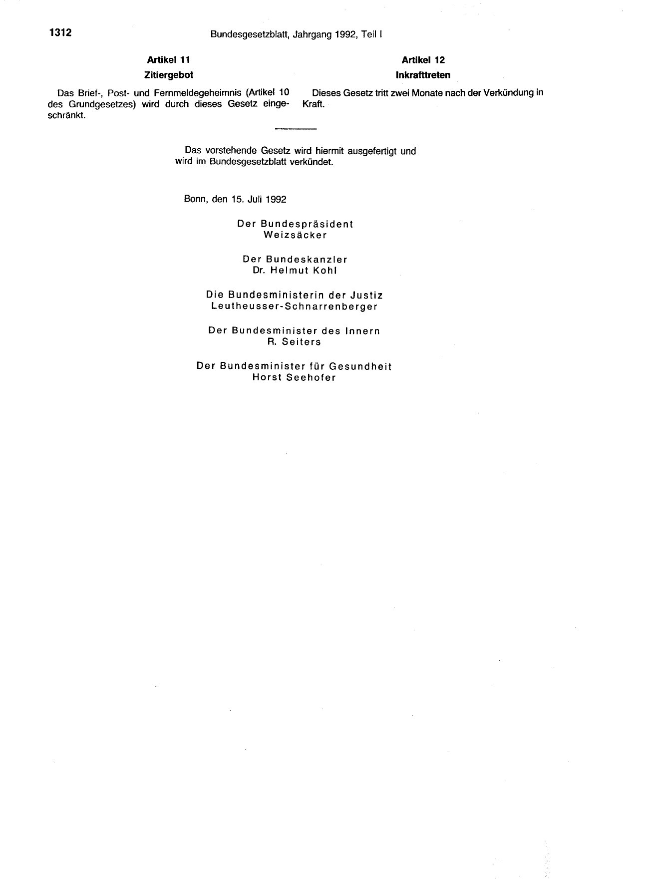 BGBl. 1992, Seite 1312 — Originalseite als Abbildung