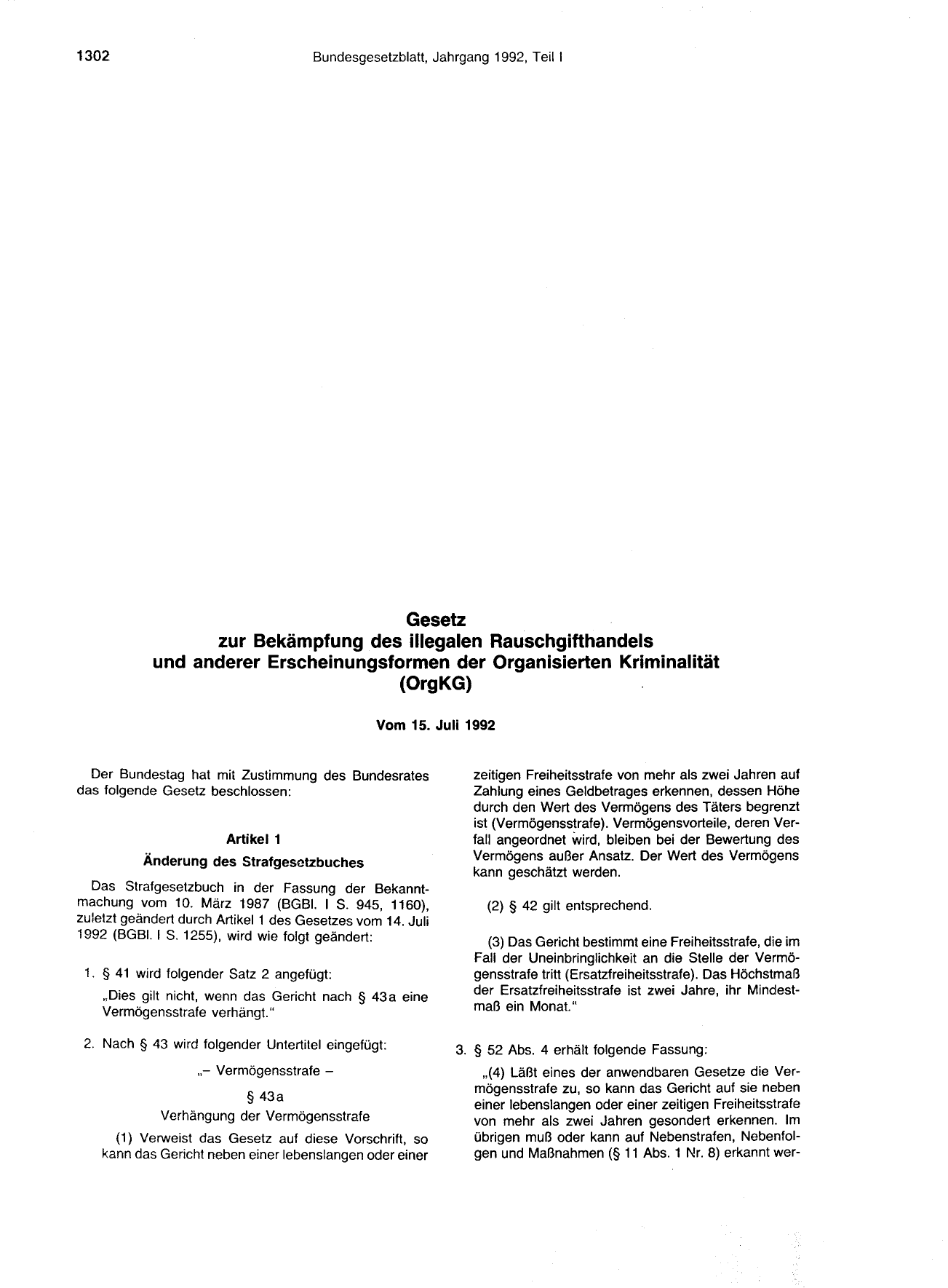 BGBl. 1992, Seite 1302 — Originalseite als Abbildung