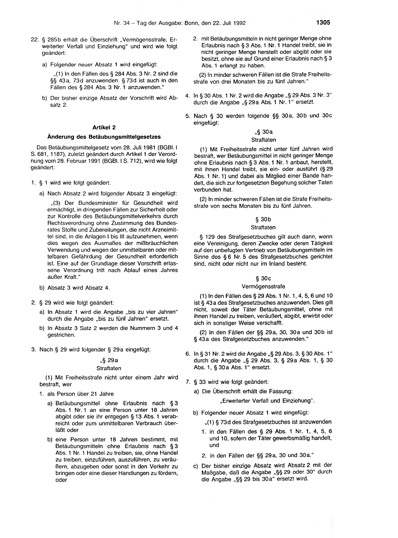 BGBl. 1992, Seite 1305 — Originalseite als Abbildung