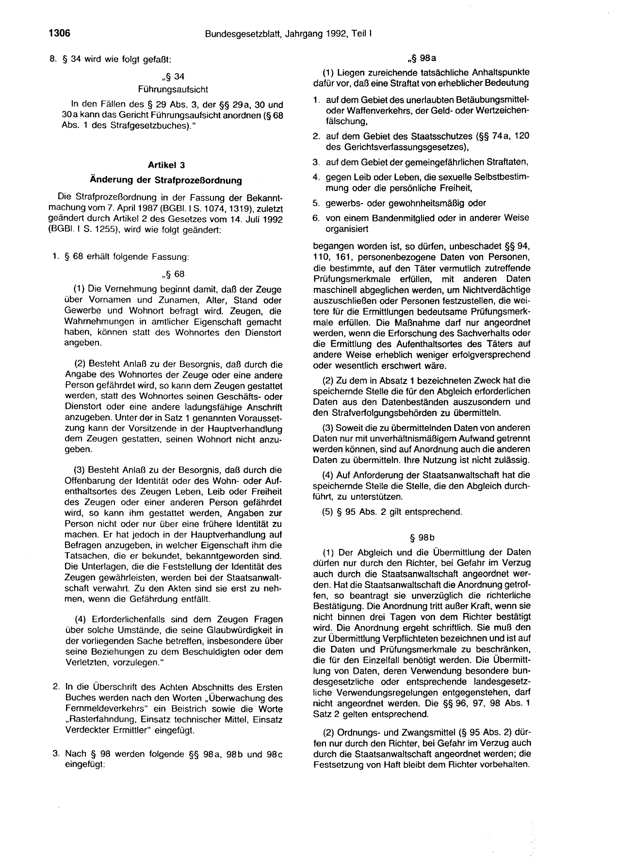 BGBl. 1992, Seite 1306 — Originalseite als Abbildung