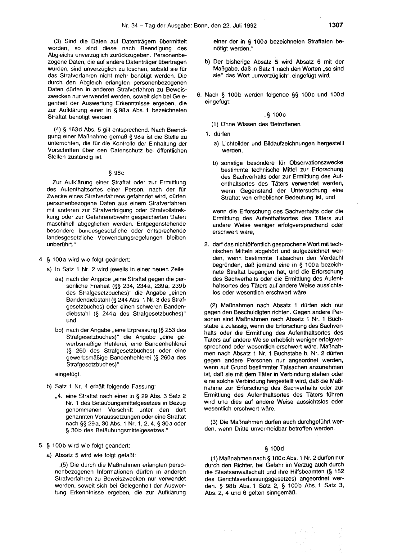 BGBl. 1992, Seite 1307 — Originalseite als Abbildung