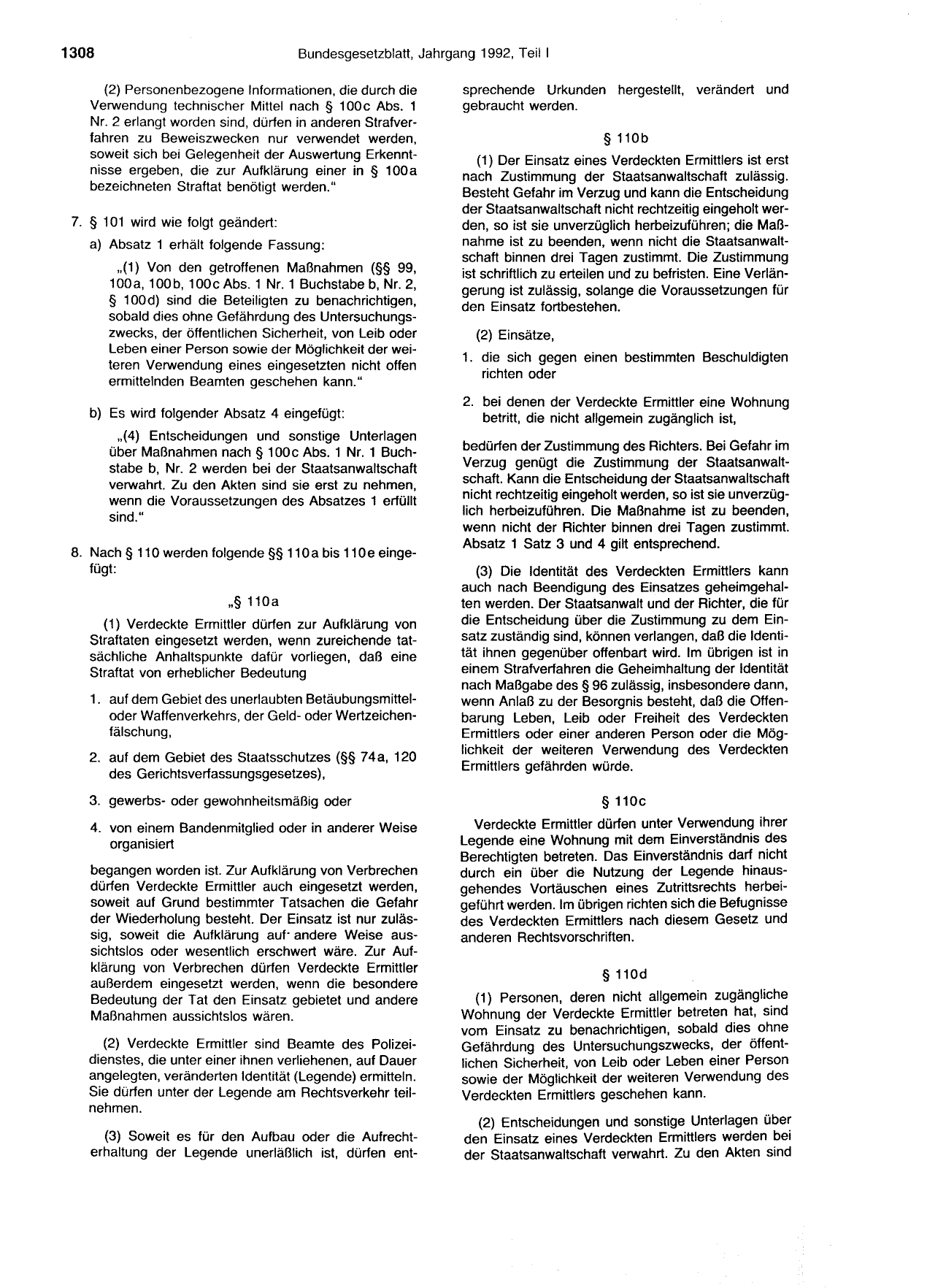 BGBl. 1992, Seite 1308 — Originalseite als Abbildung