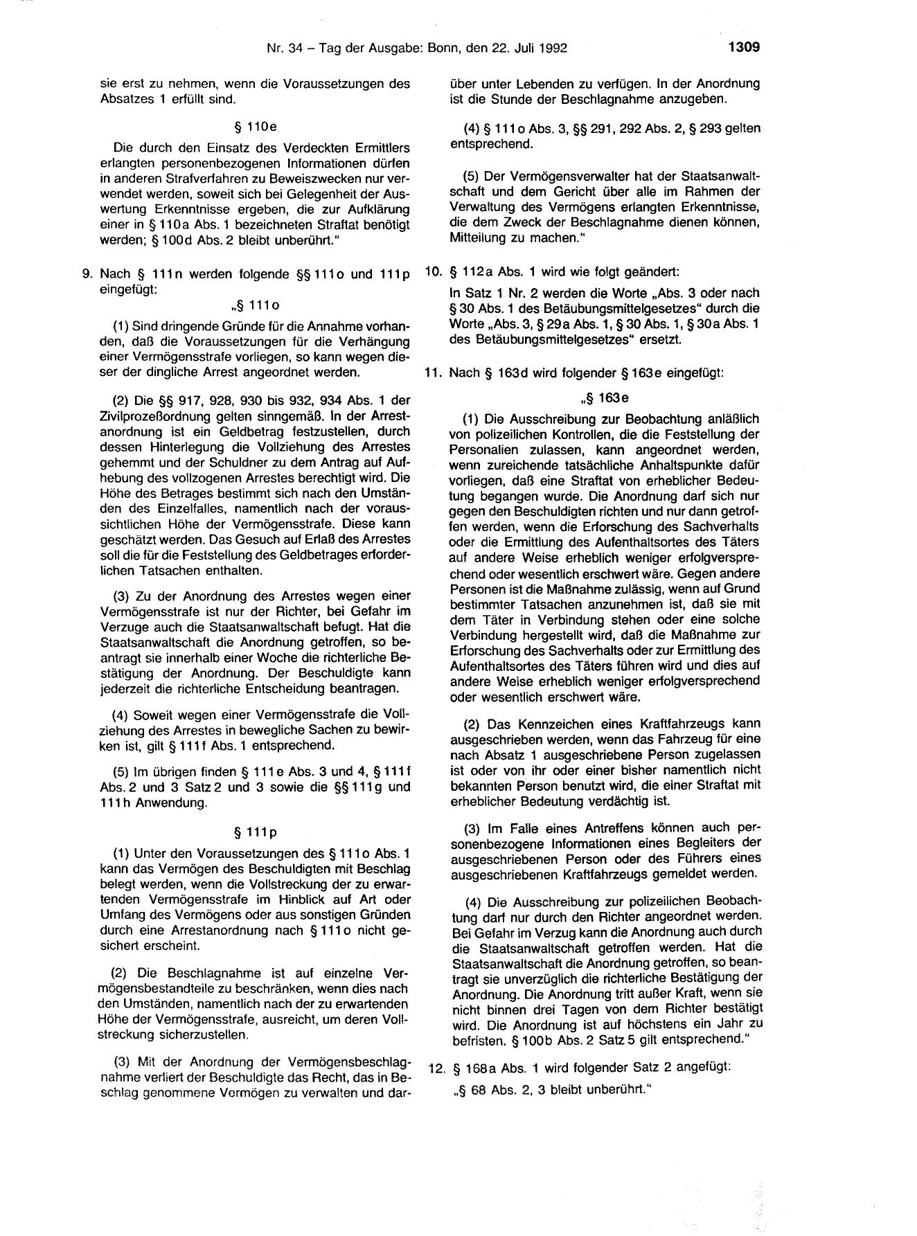 BGBl. 1992, Seite 1309 — Originalseite als Abbildung