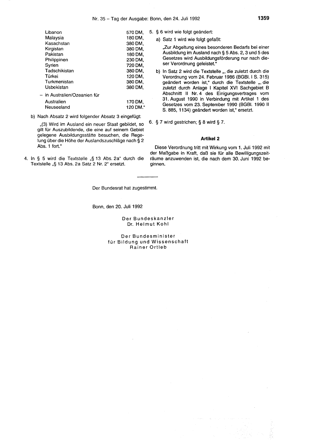 BGBl. 1992, Seite 1359 — Originalseite als Abbildung