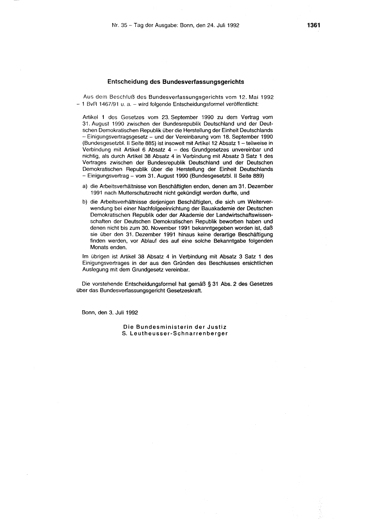 BGBl. 1992, Seite 1361 — Originalseite als Abbildung