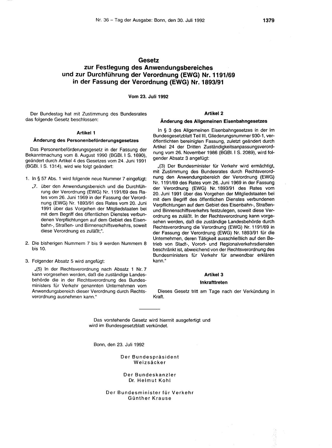 BGBl. 1992, Seite 1379 — Originalseite als Abbildung
