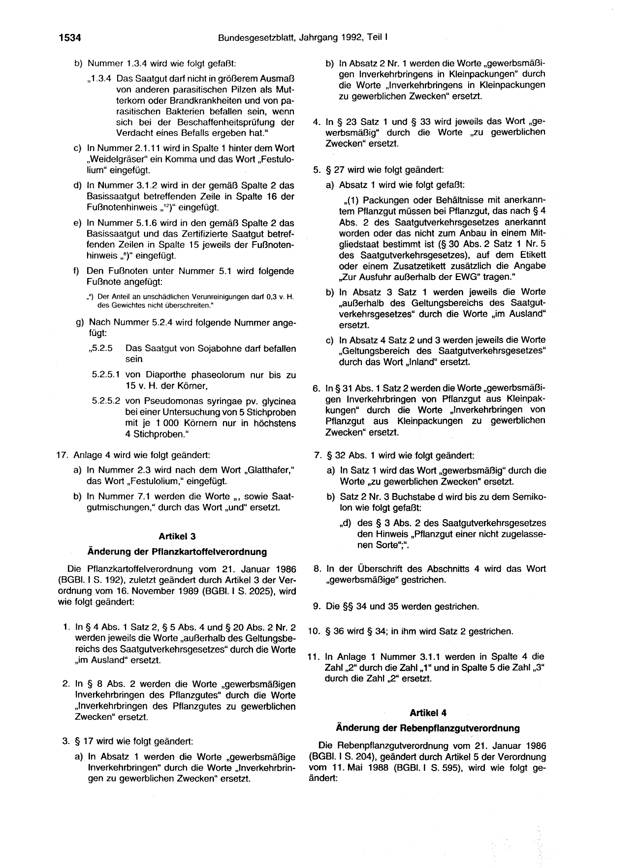 BGBl. 1992, Seite 1534 — Originalseite als Abbildung