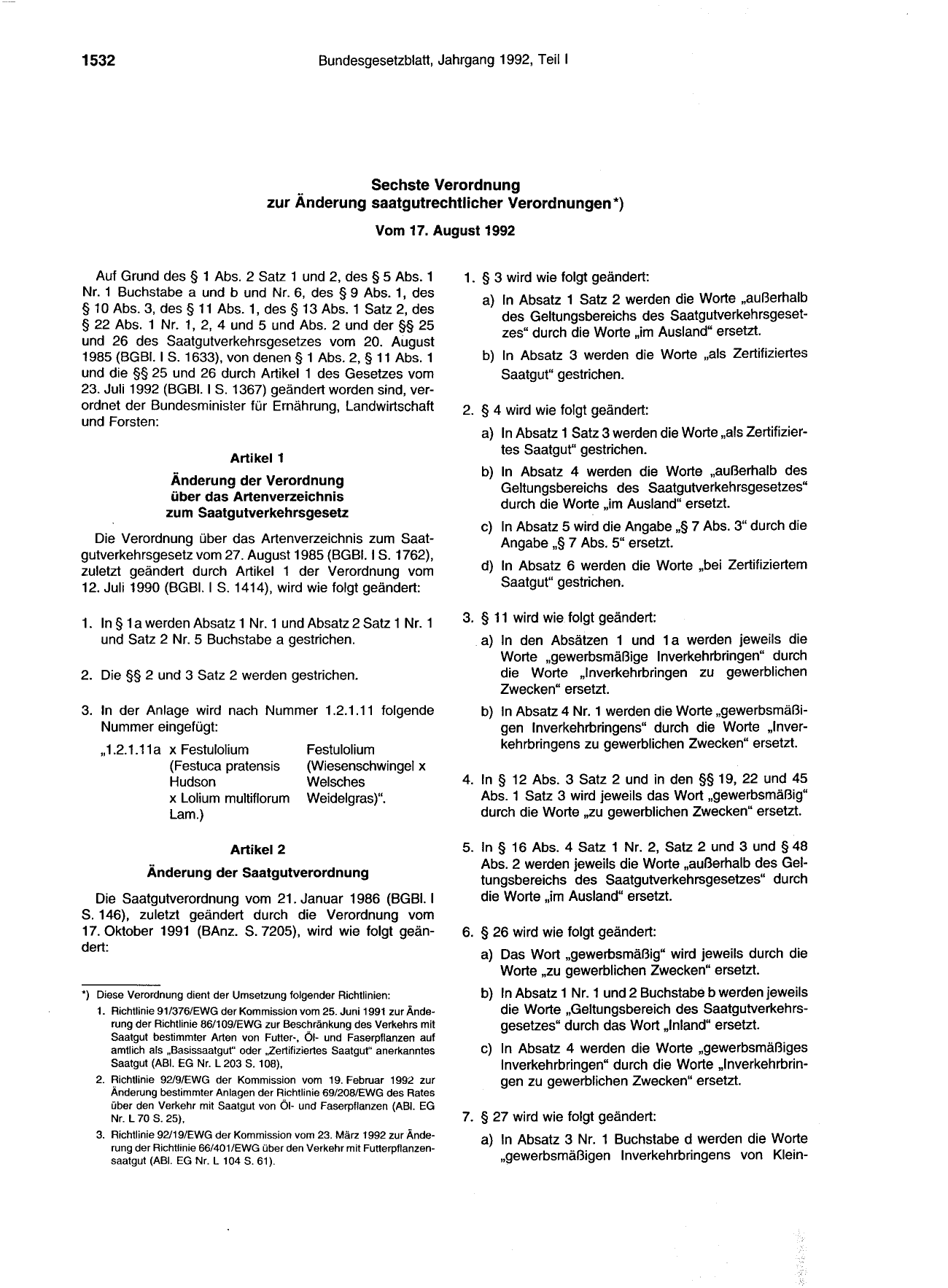 BGBl. 1992, Seite 1532 — Originalseite als Abbildung