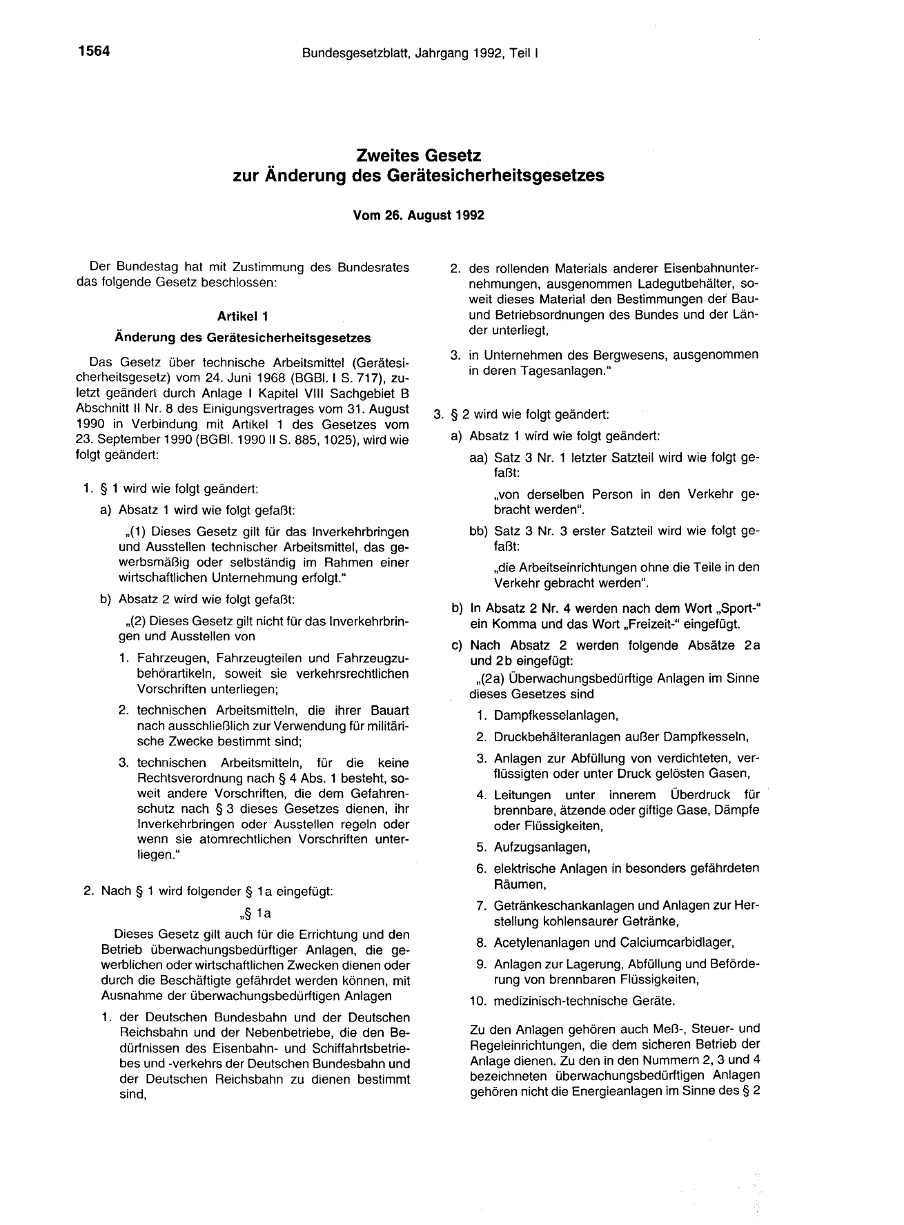 BGBl. 1992, Seite 1564 — Originalseite als Abbildung