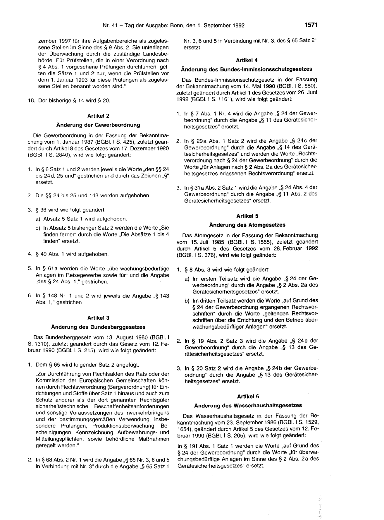 BGBl. 1992, Seite 1571 — Originalseite als Abbildung