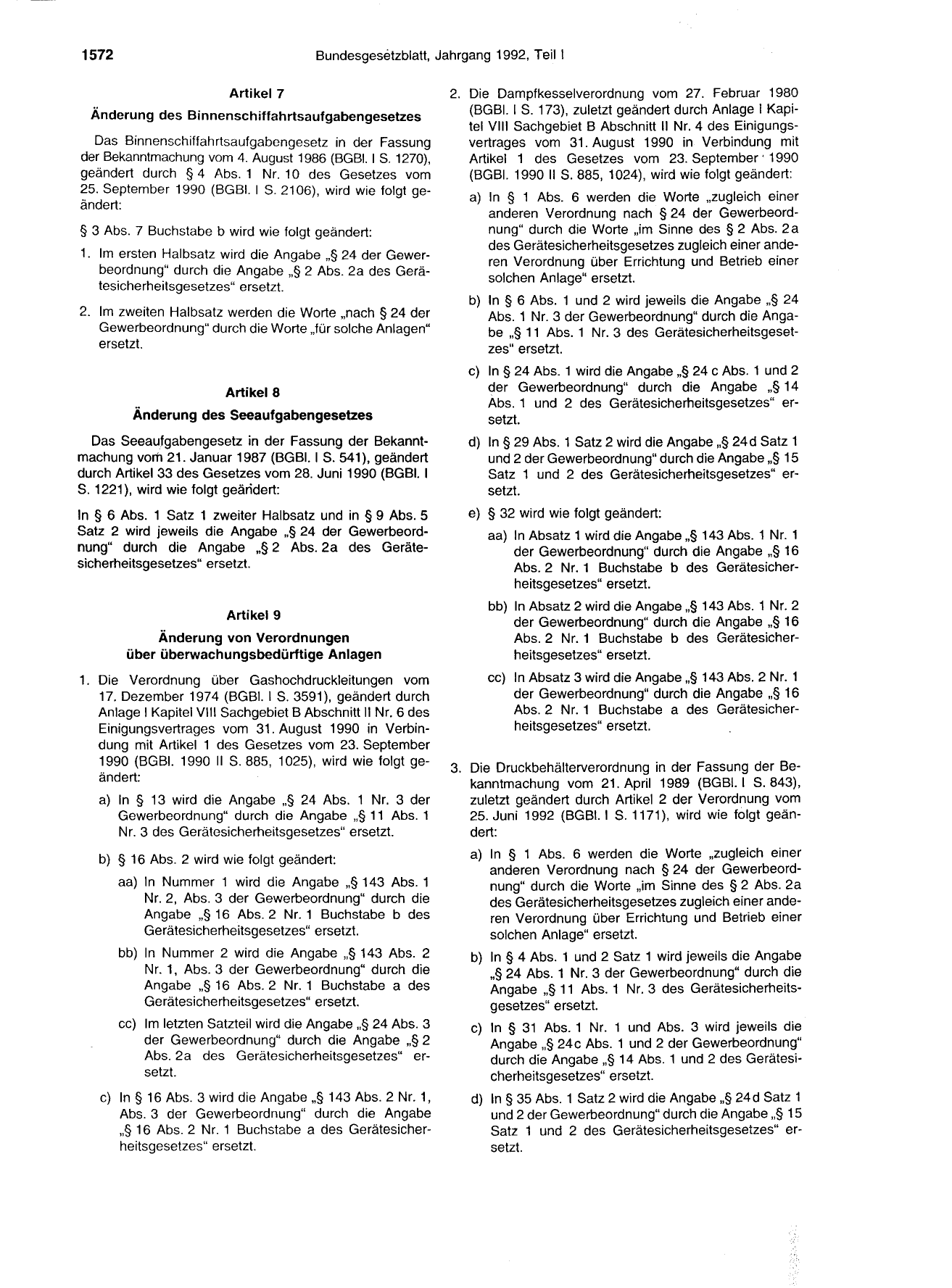 BGBl. 1992, Seite 1572 — Originalseite als Abbildung