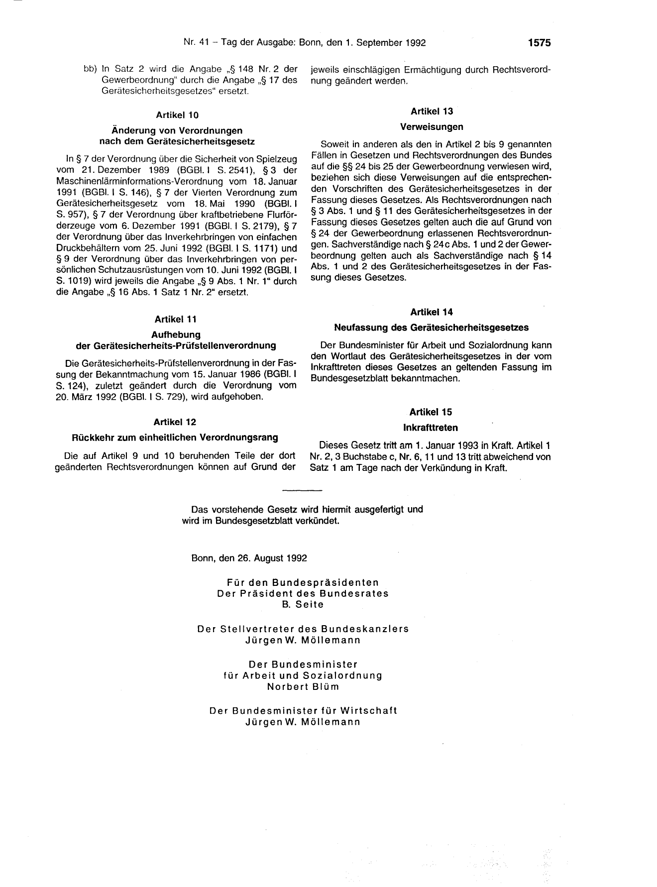 BGBl. 1992, Seite 1575 — Originalseite als Abbildung