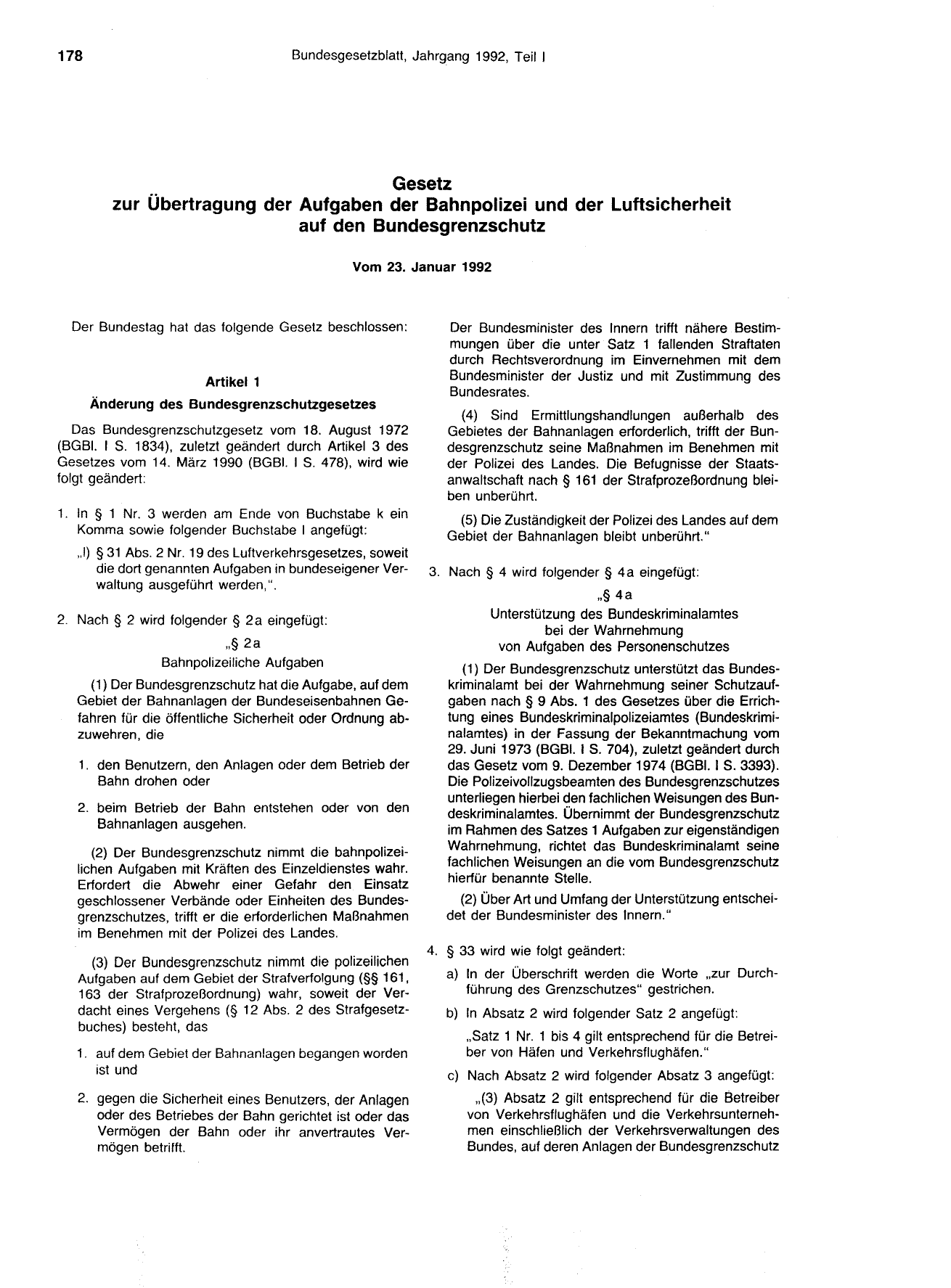 BGBl. 1992, Seite 178 — Originalseite als Abbildung