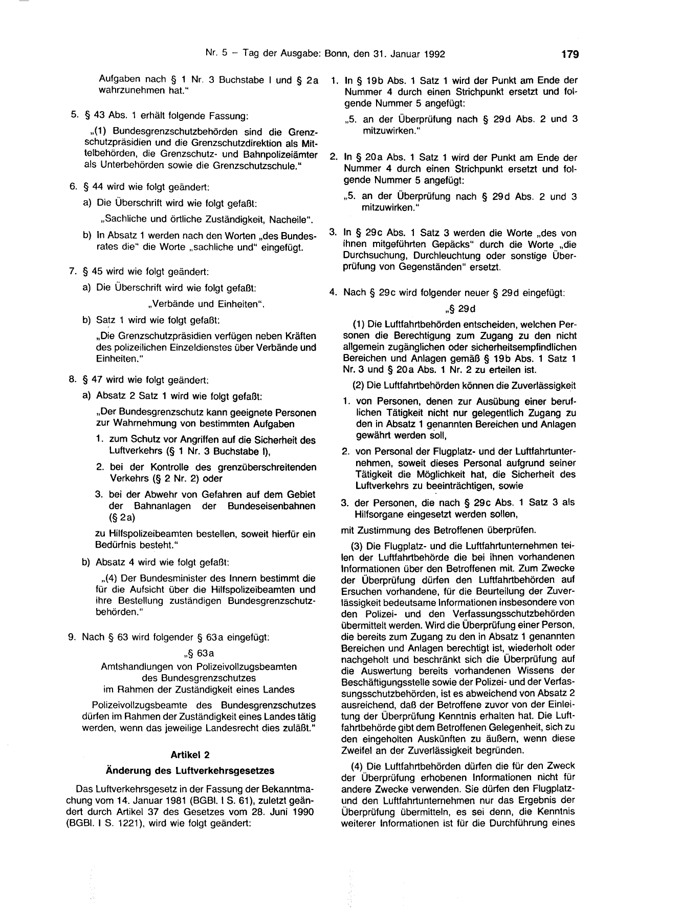BGBl. 1992, Seite 179 — Originalseite als Abbildung