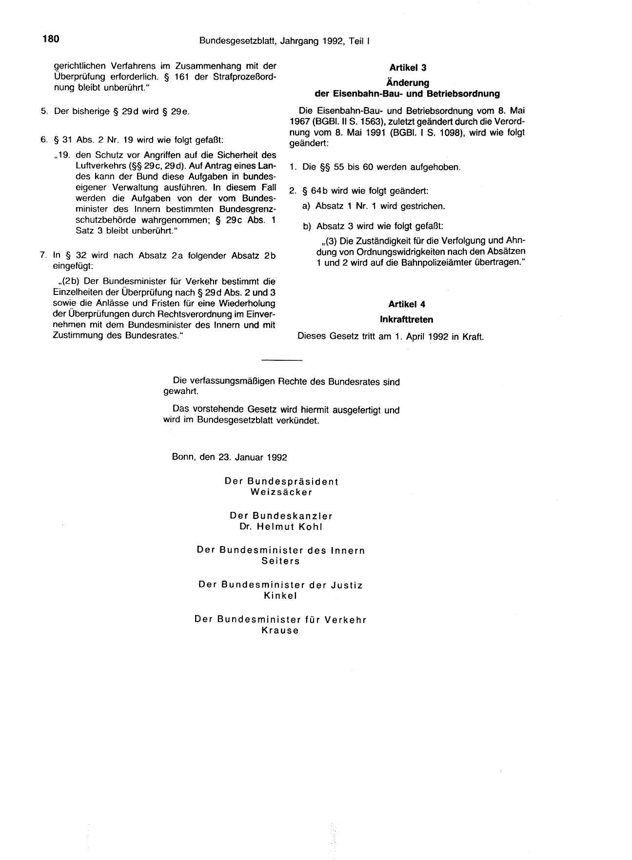 BGBl. 1992, Seite 180 — Originalseite als Abbildung