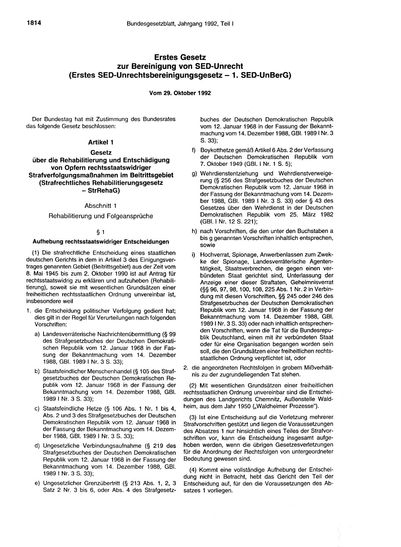 BGBl. 1992, Seite 1814 — Originalseite als Abbildung