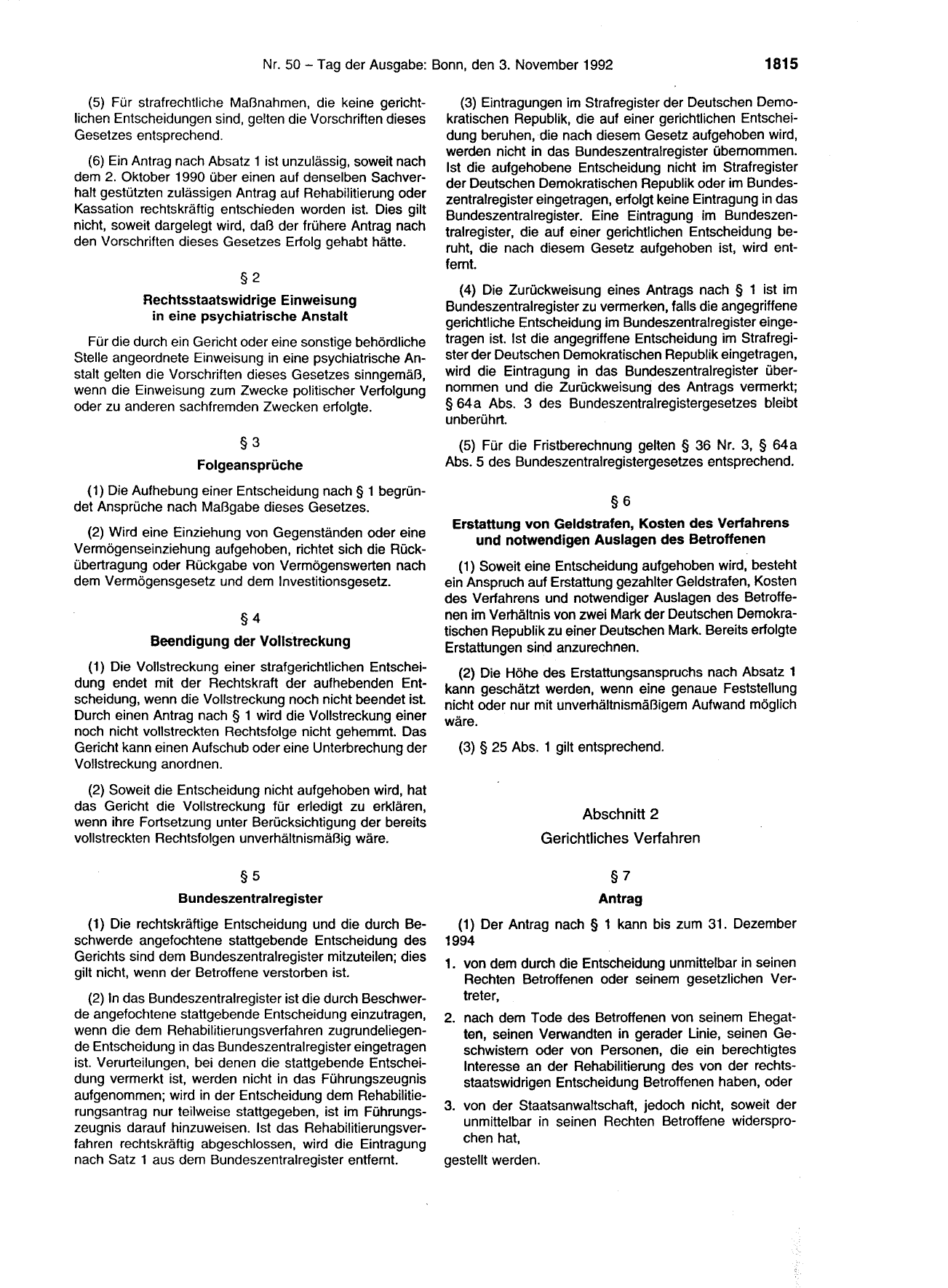 BGBl. 1992, Seite 1815 — Originalseite als Abbildung