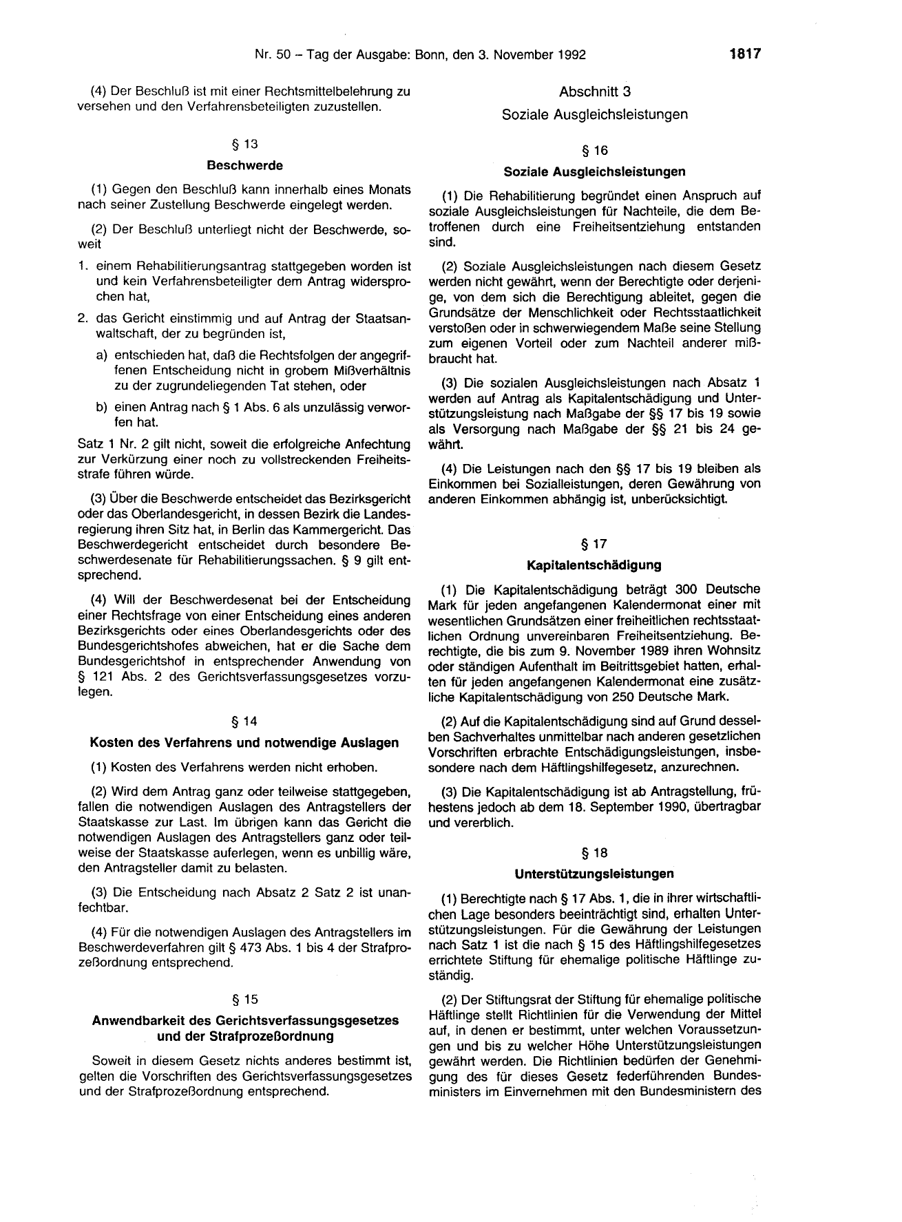 BGBl. 1992, Seite 1817 — Originalseite als Abbildung