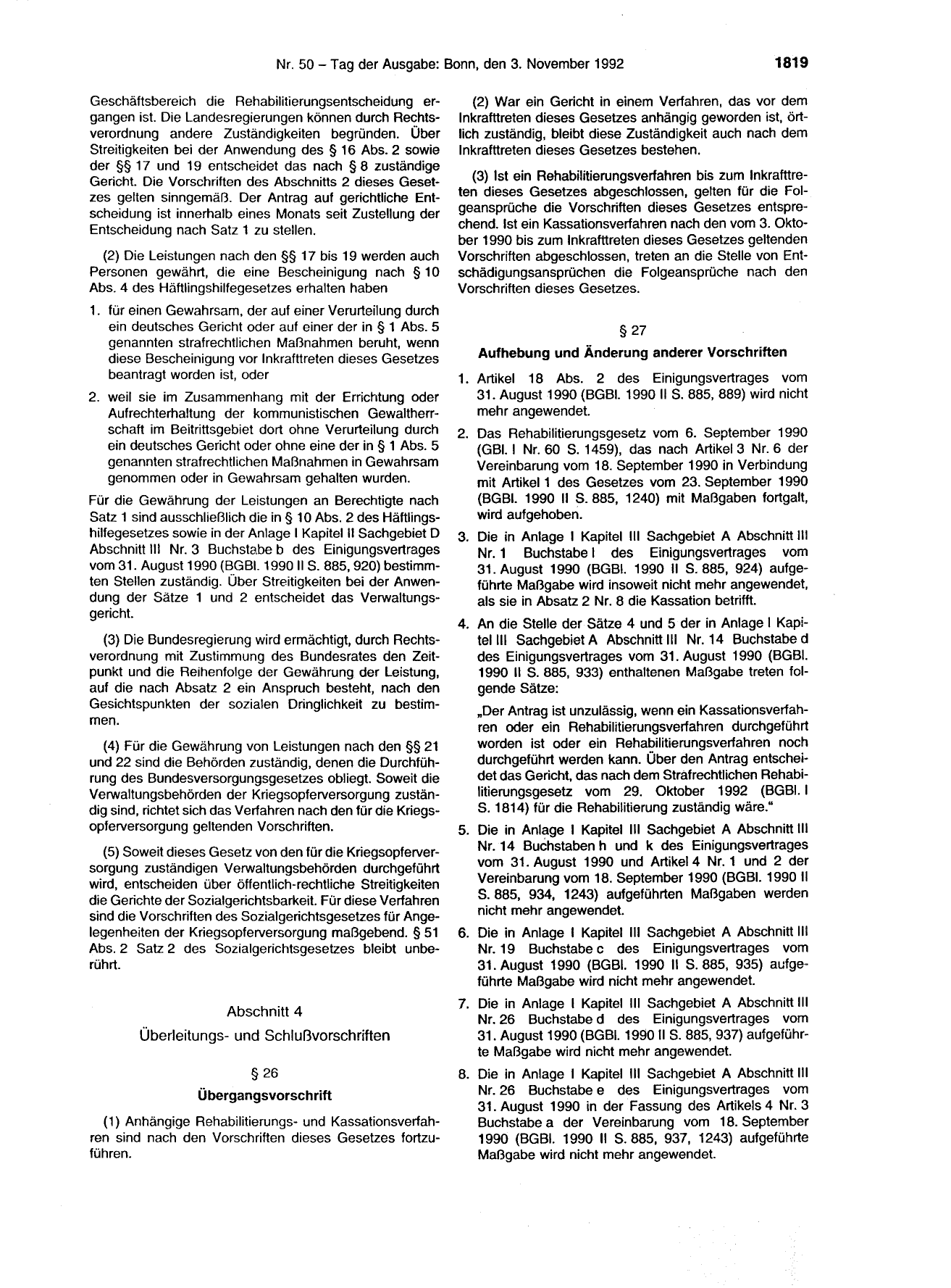 BGBl. 1992, Seite 1819 — Originalseite als Abbildung