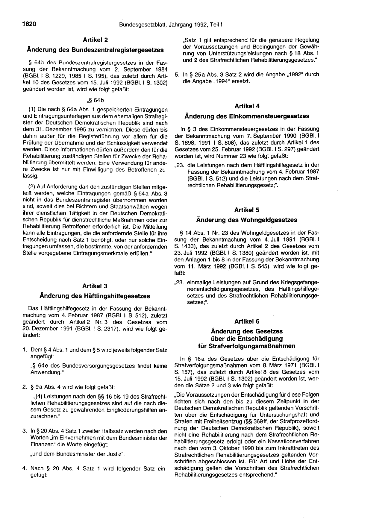 BGBl. 1992, Seite 1820 — Originalseite als Abbildung