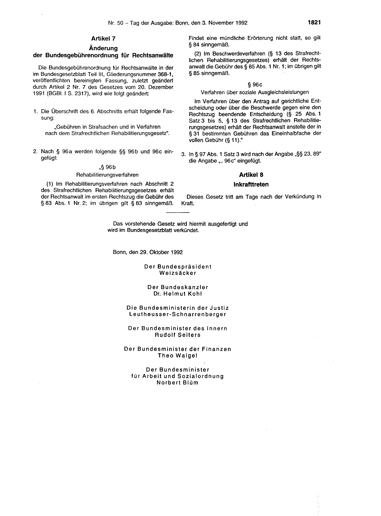 BGBl. 1992, Seite 1821 — Originalseite als Abbildung