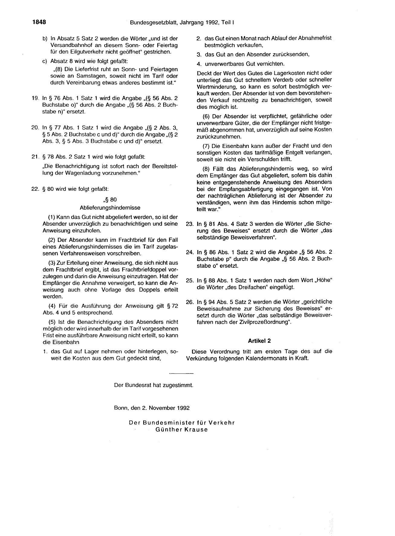 BGBl. 1992, Seite 1848 — Originalseite als Abbildung