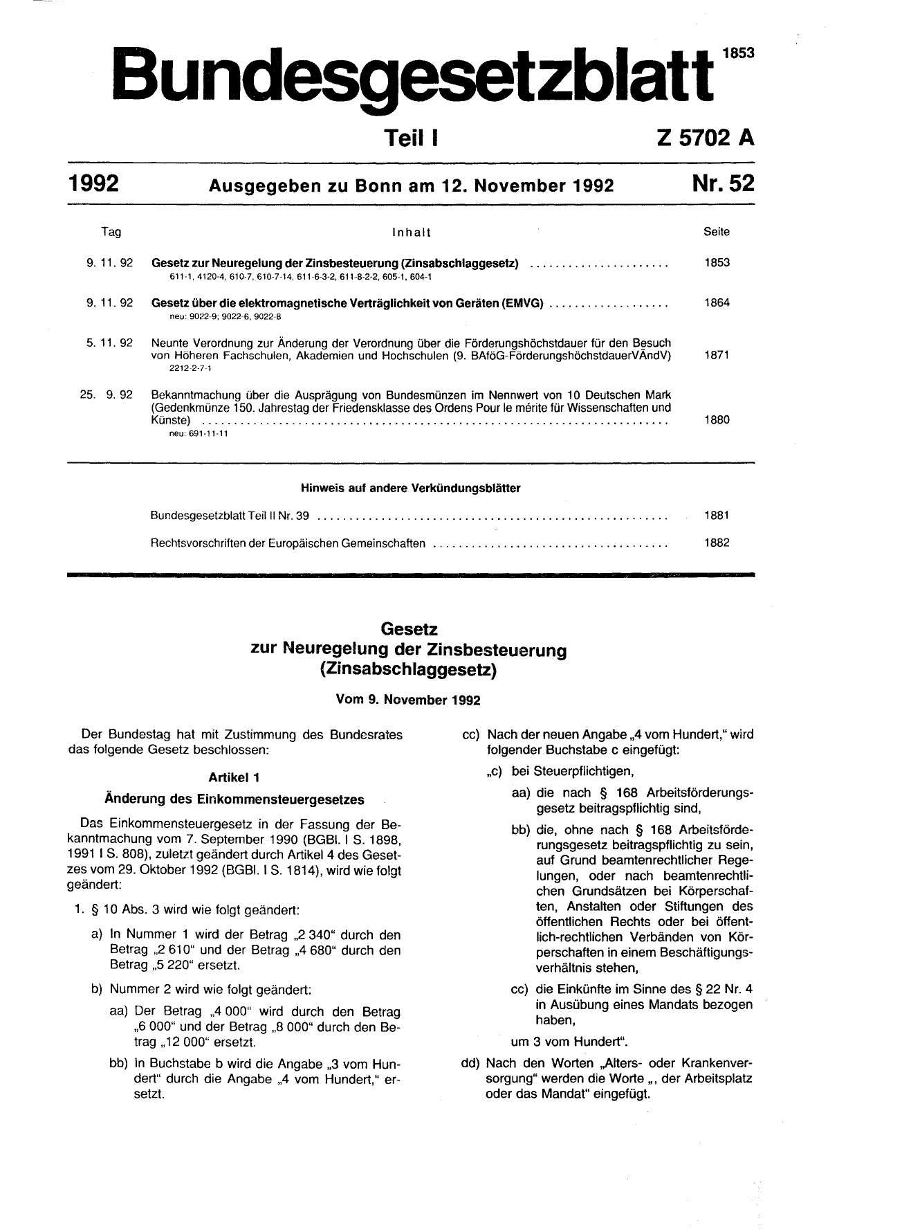 BGBl. 1992, Seite 1853 — Originalseite als Abbildung