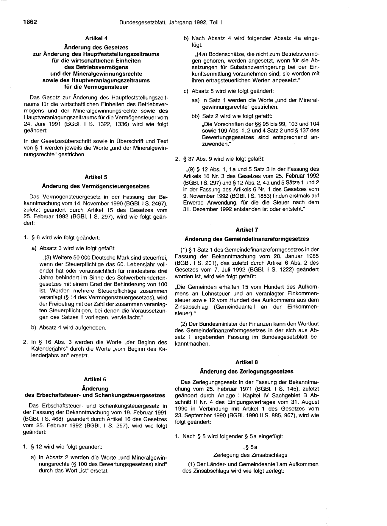 BGBl. 1992, Seite 1862 — Originalseite als Abbildung