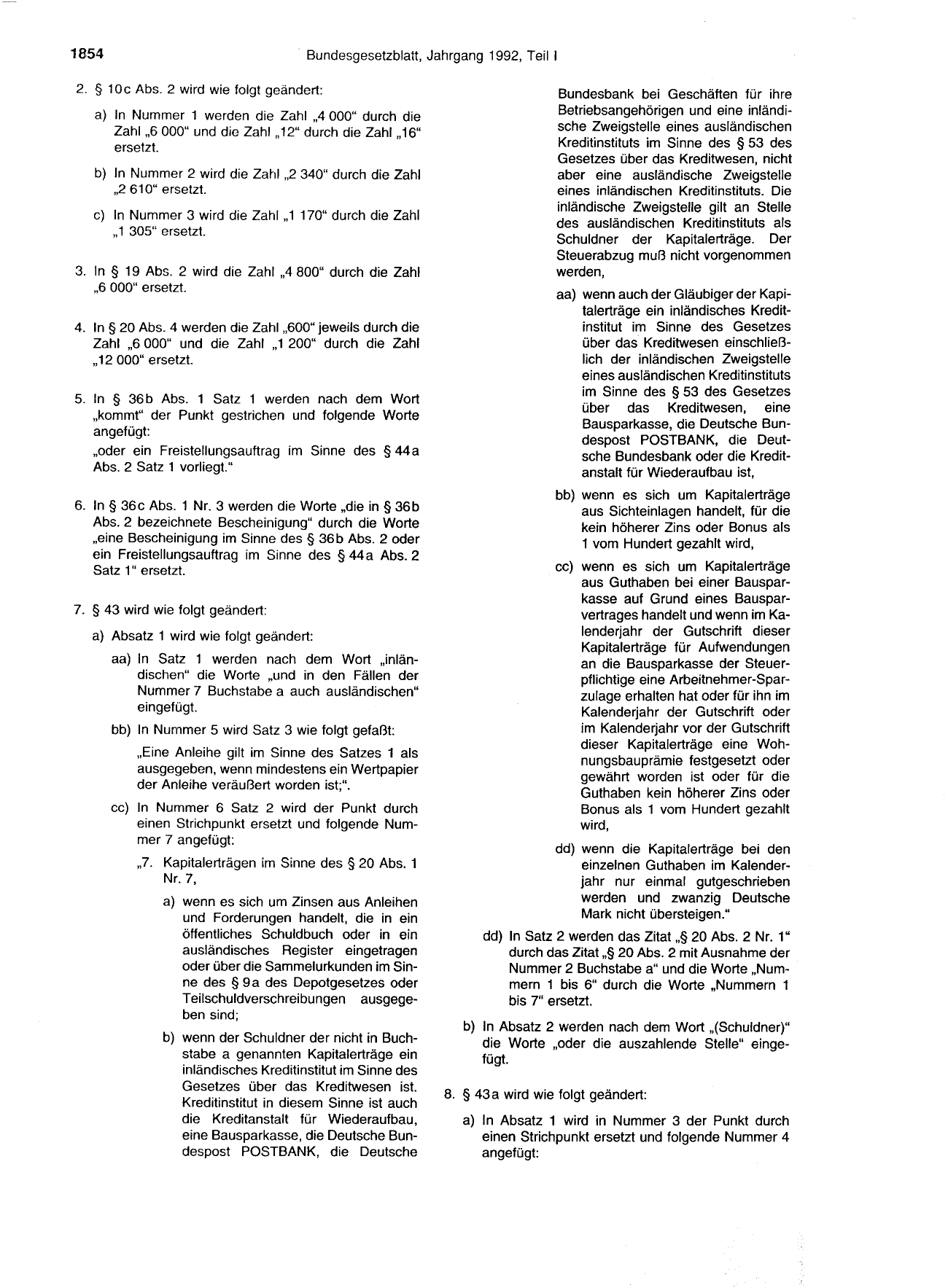 BGBl. 1992, Seite 1854 — Originalseite als Abbildung