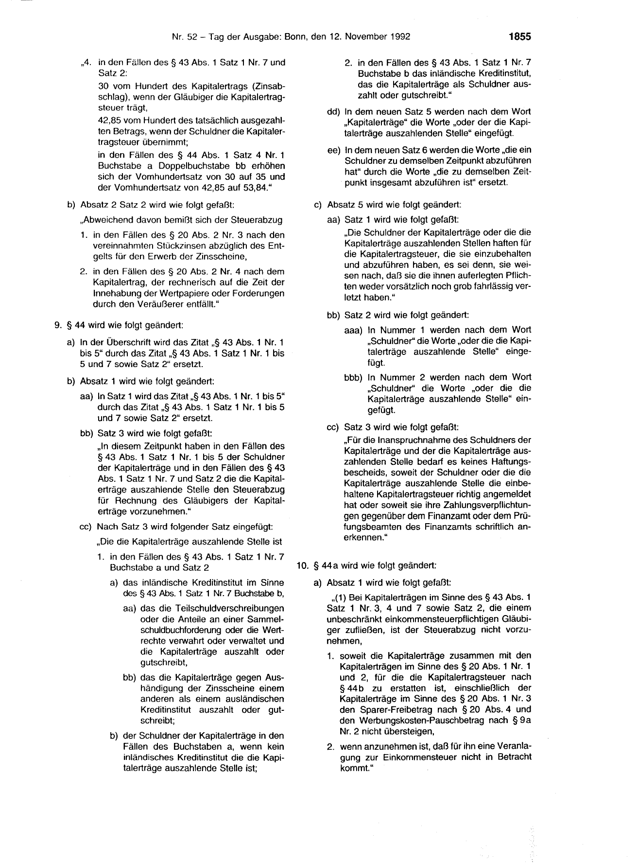 BGBl. 1992, Seite 1855 — Originalseite als Abbildung