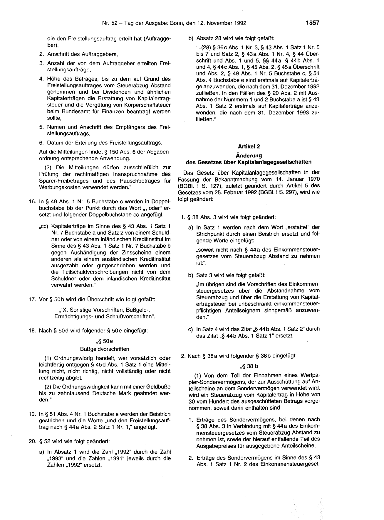 BGBl. 1992, Seite 1857 — Originalseite als Abbildung