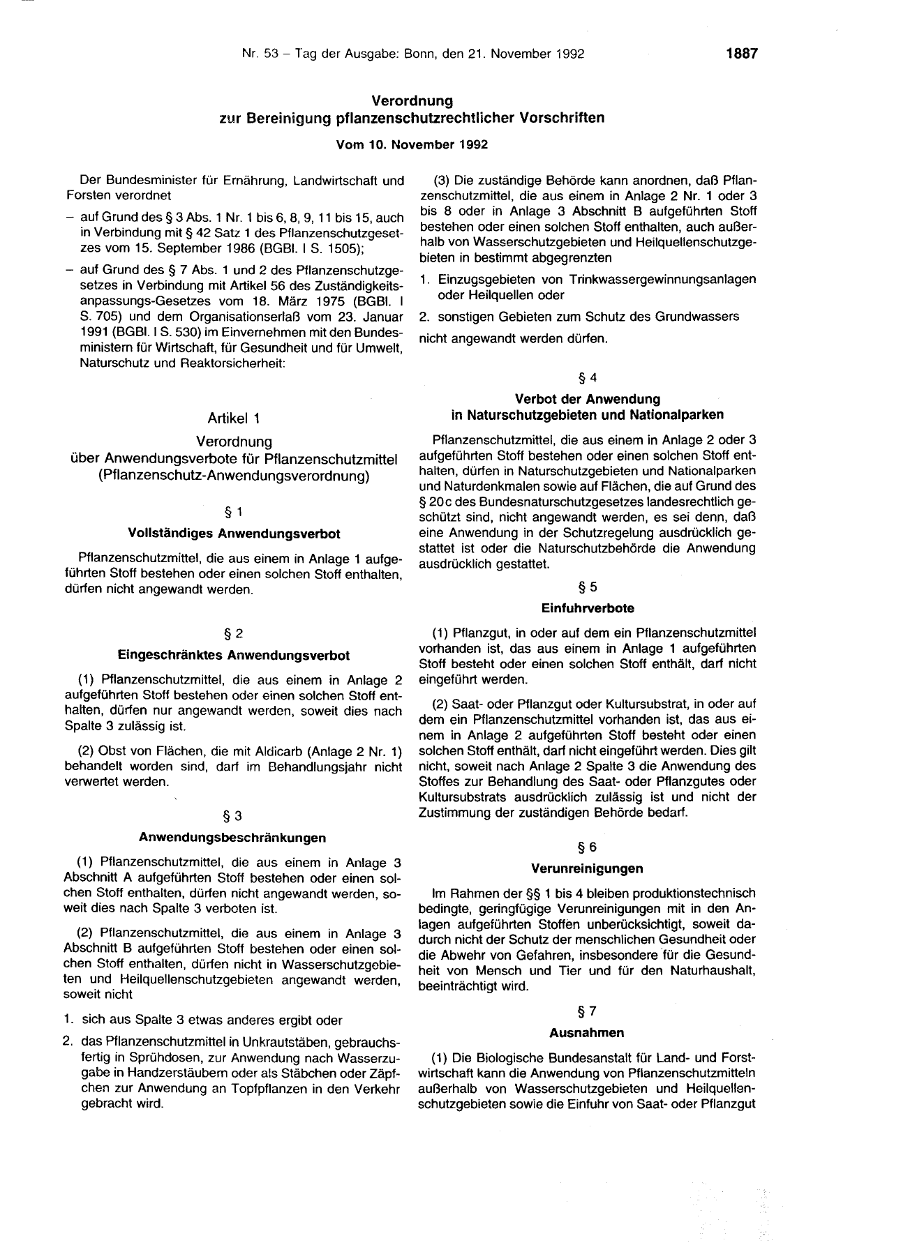 BGBl. 1992, Seite 1887 — Originalseite als Abbildung