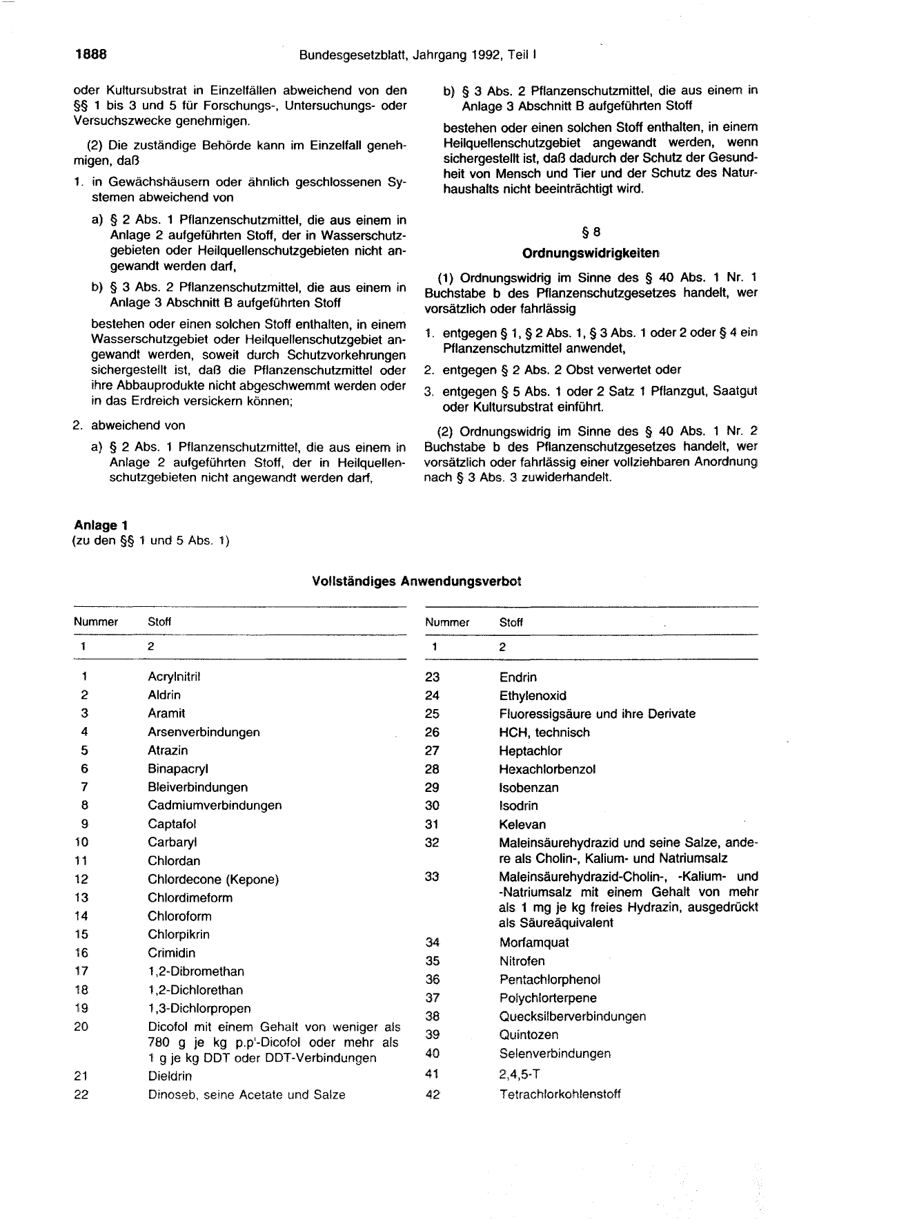 BGBl. 1992, Seite 1888 — Originalseite als Abbildung