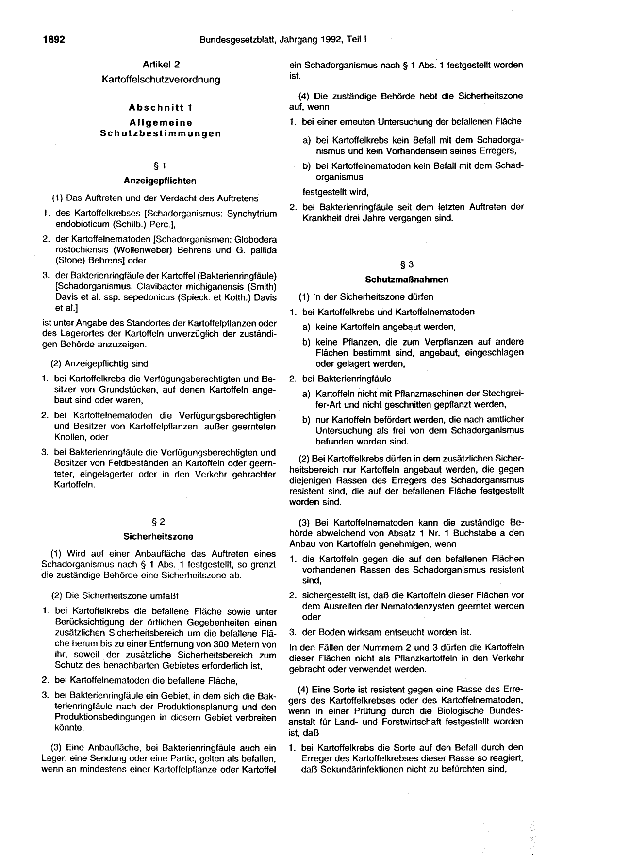 BGBl. 1992, Seite 1892 — Originalseite als Abbildung