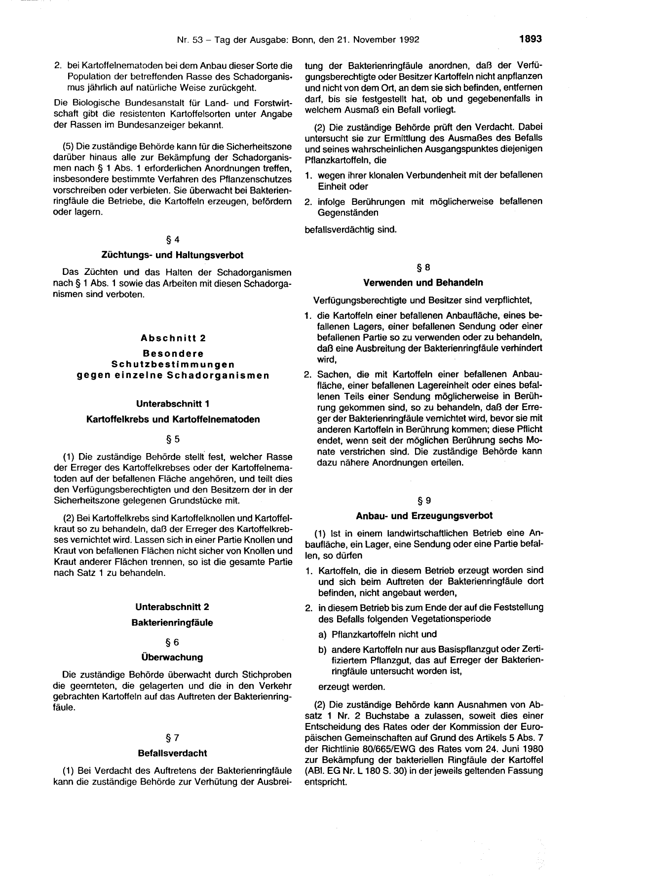 BGBl. 1992, Seite 1893 — Originalseite als Abbildung