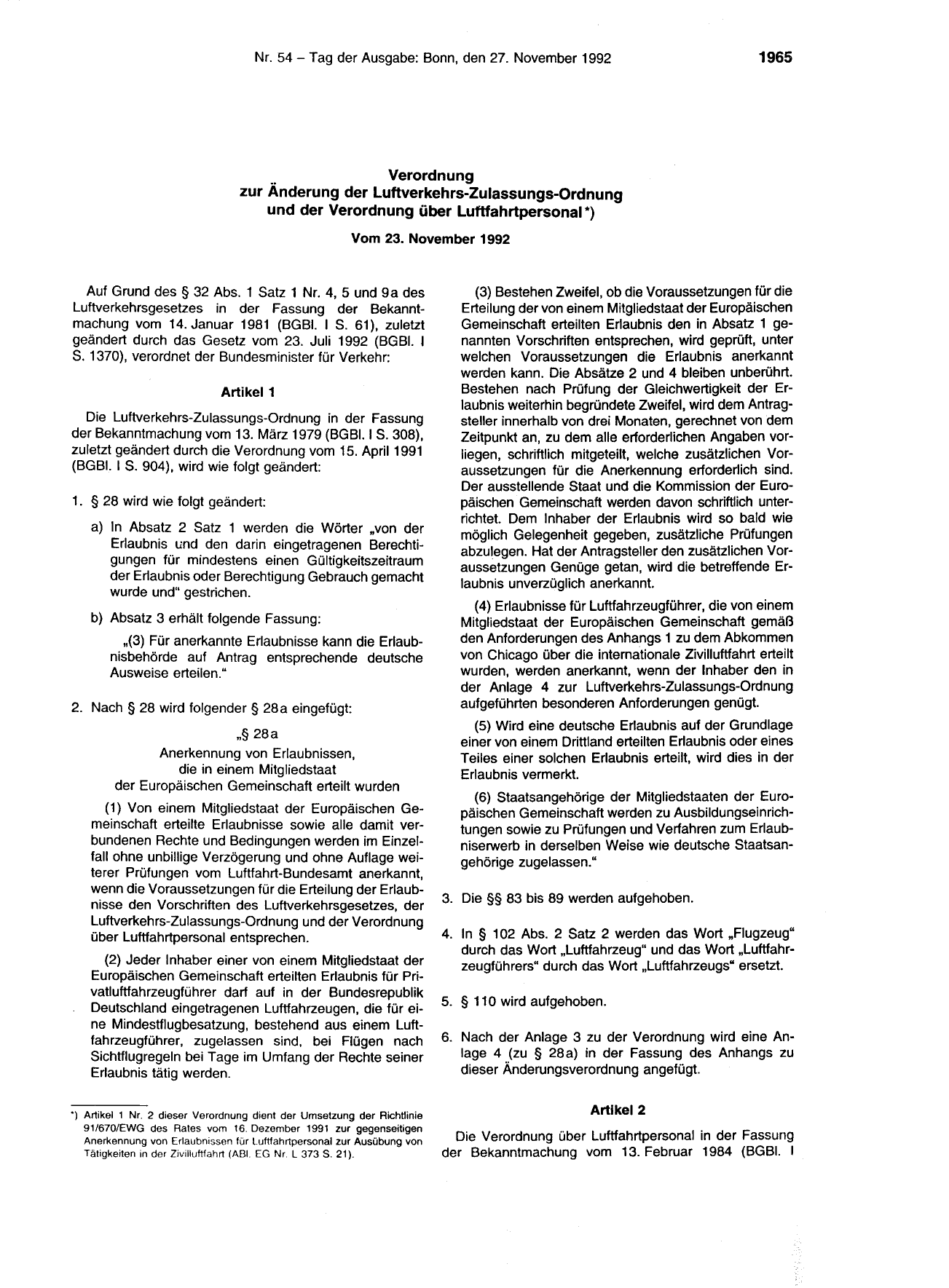 BGBl. 1992, Seite 1965 — Originalseite als Abbildung
