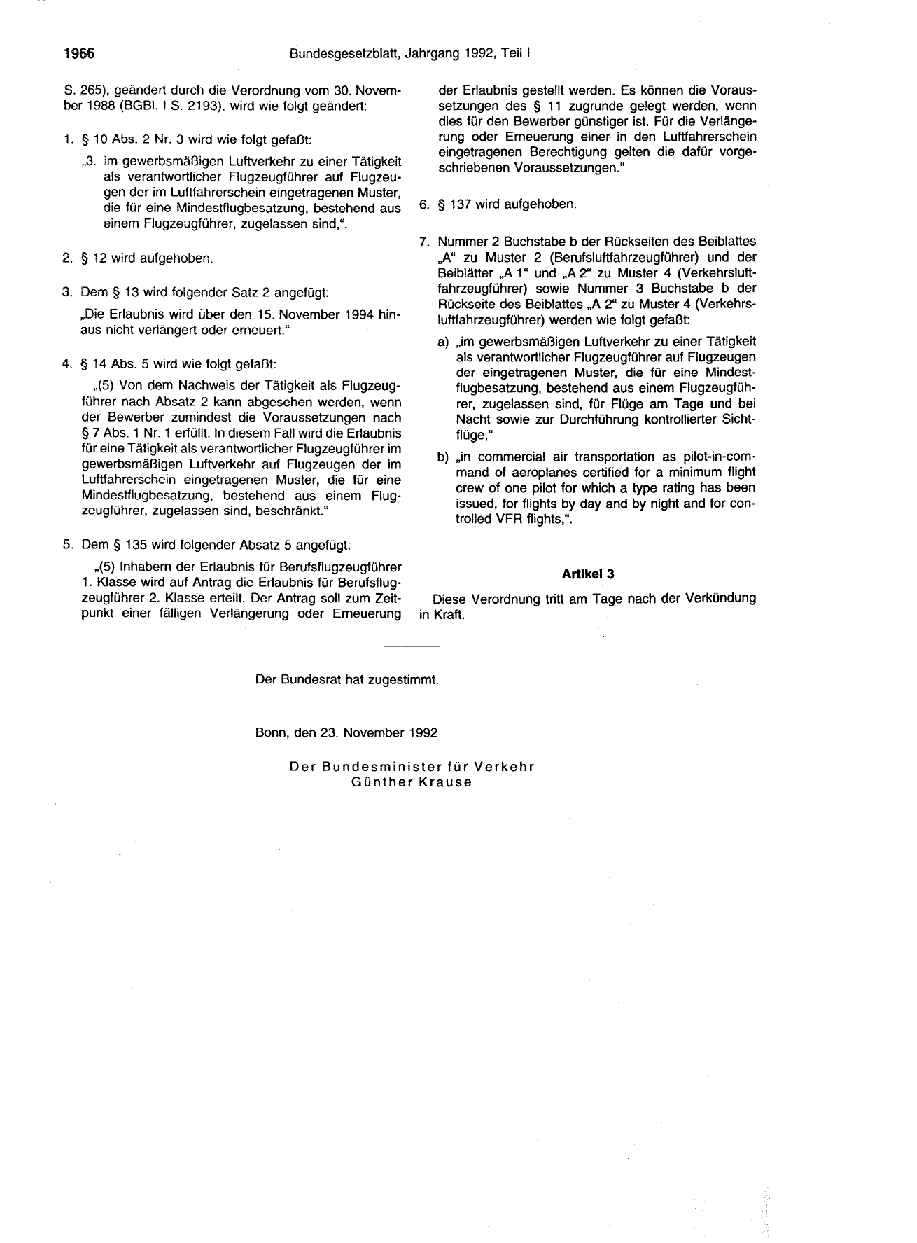 BGBl. 1992, Seite 1966 — Originalseite als Abbildung