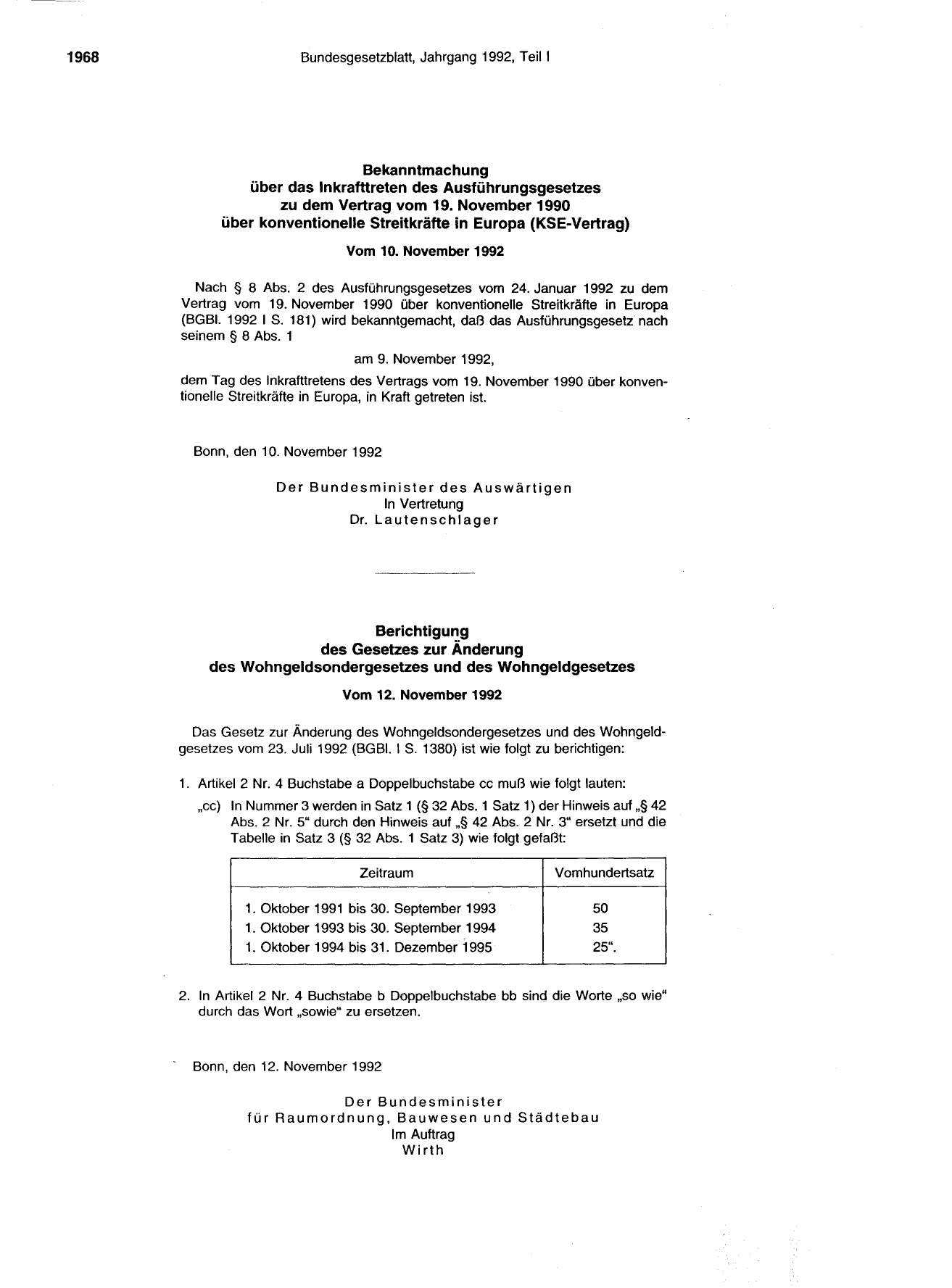 BGBl. 1992, Seite 1968 — Originalseite als Abbildung