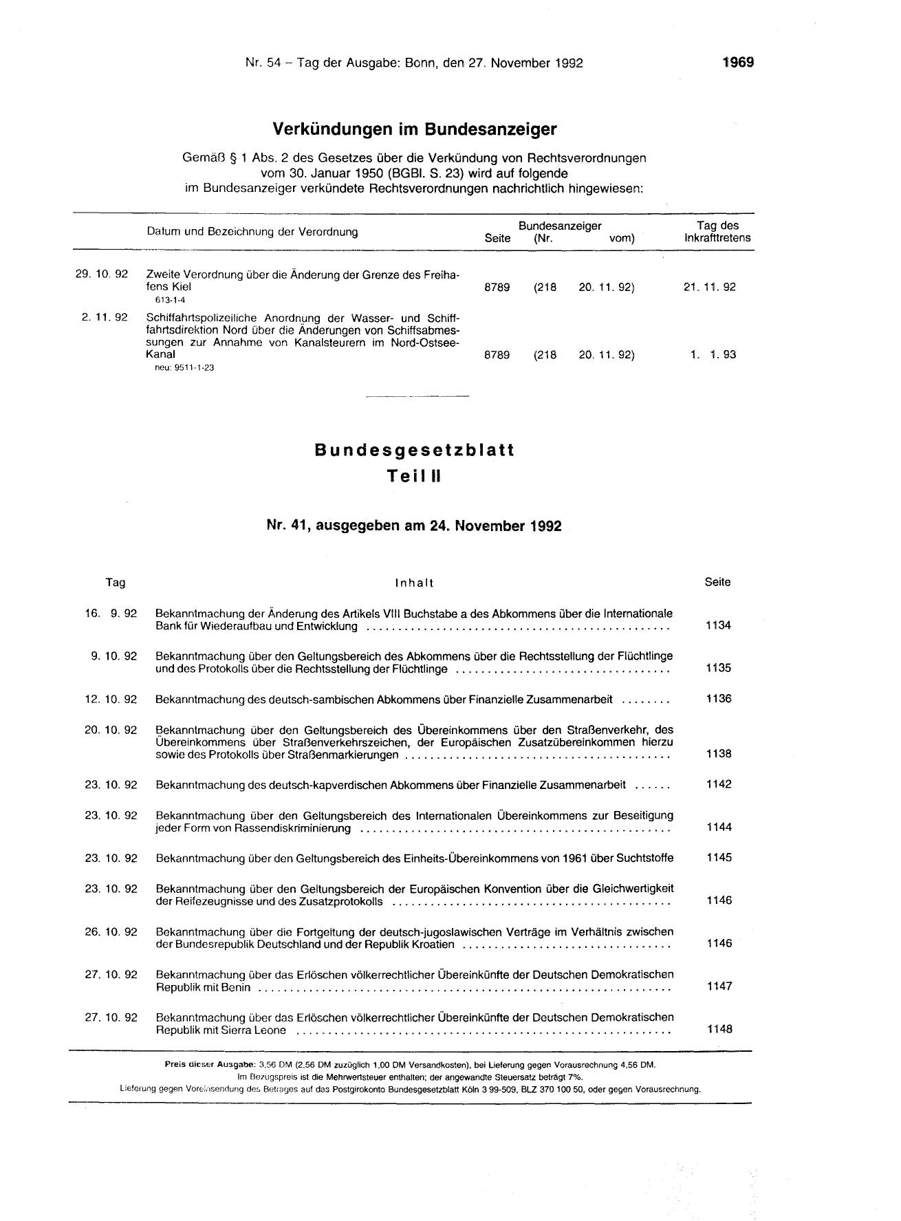 BGBl. 1992, Seite 1969 — Originalseite als Abbildung