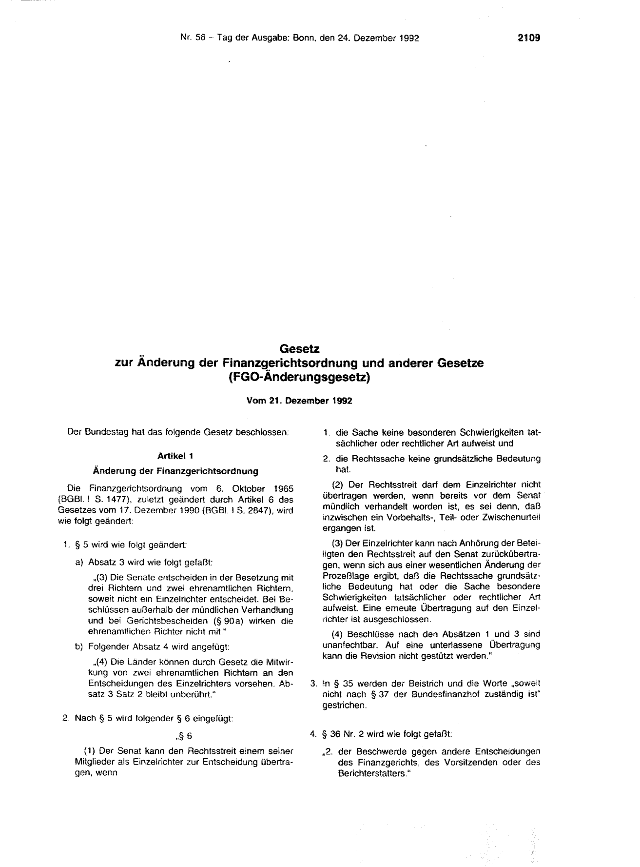 BGBl. 1992, Seite 2109 — Originalseite als Abbildung