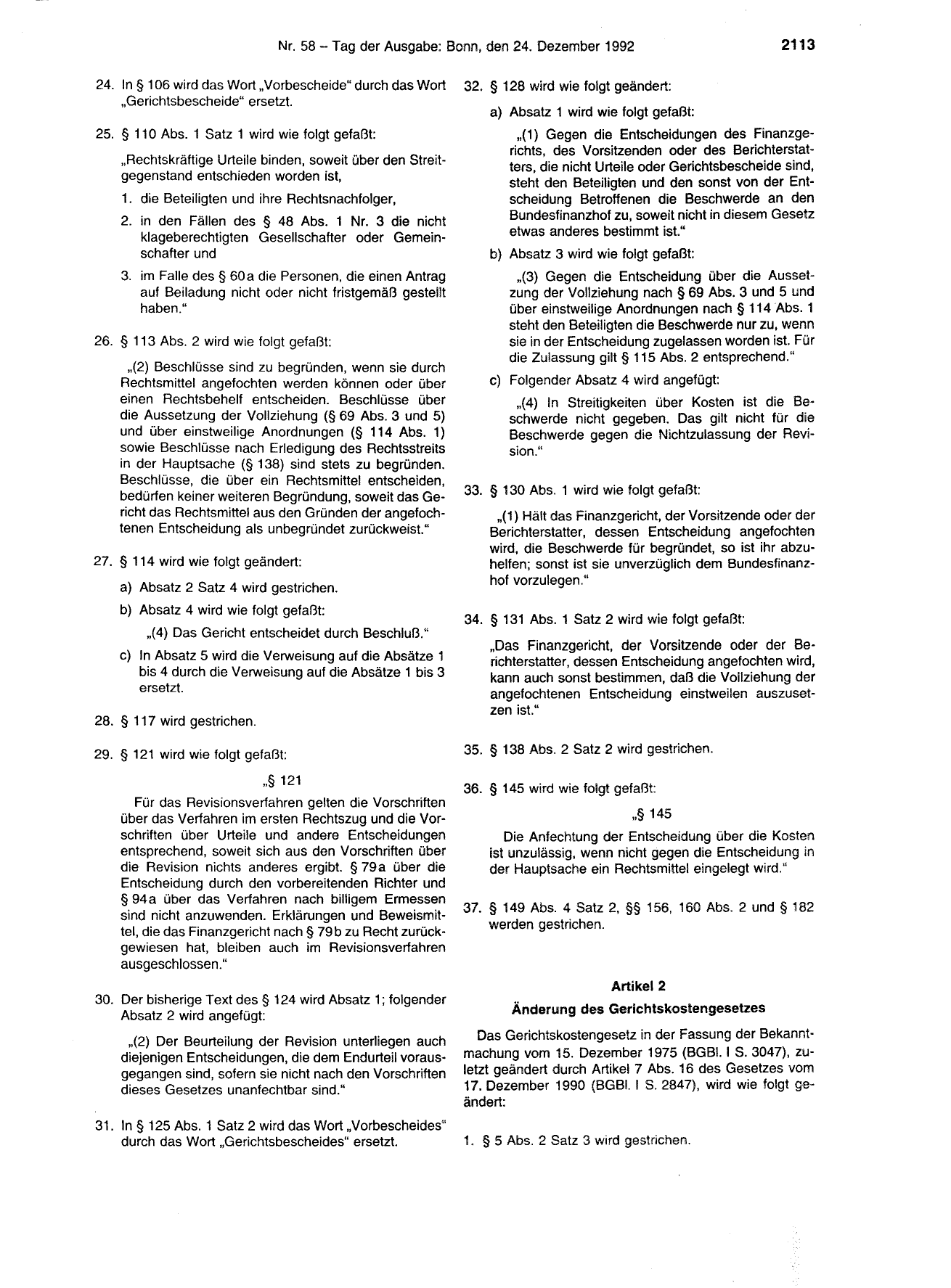 BGBl. 1992, Seite 2113 — Originalseite als Abbildung