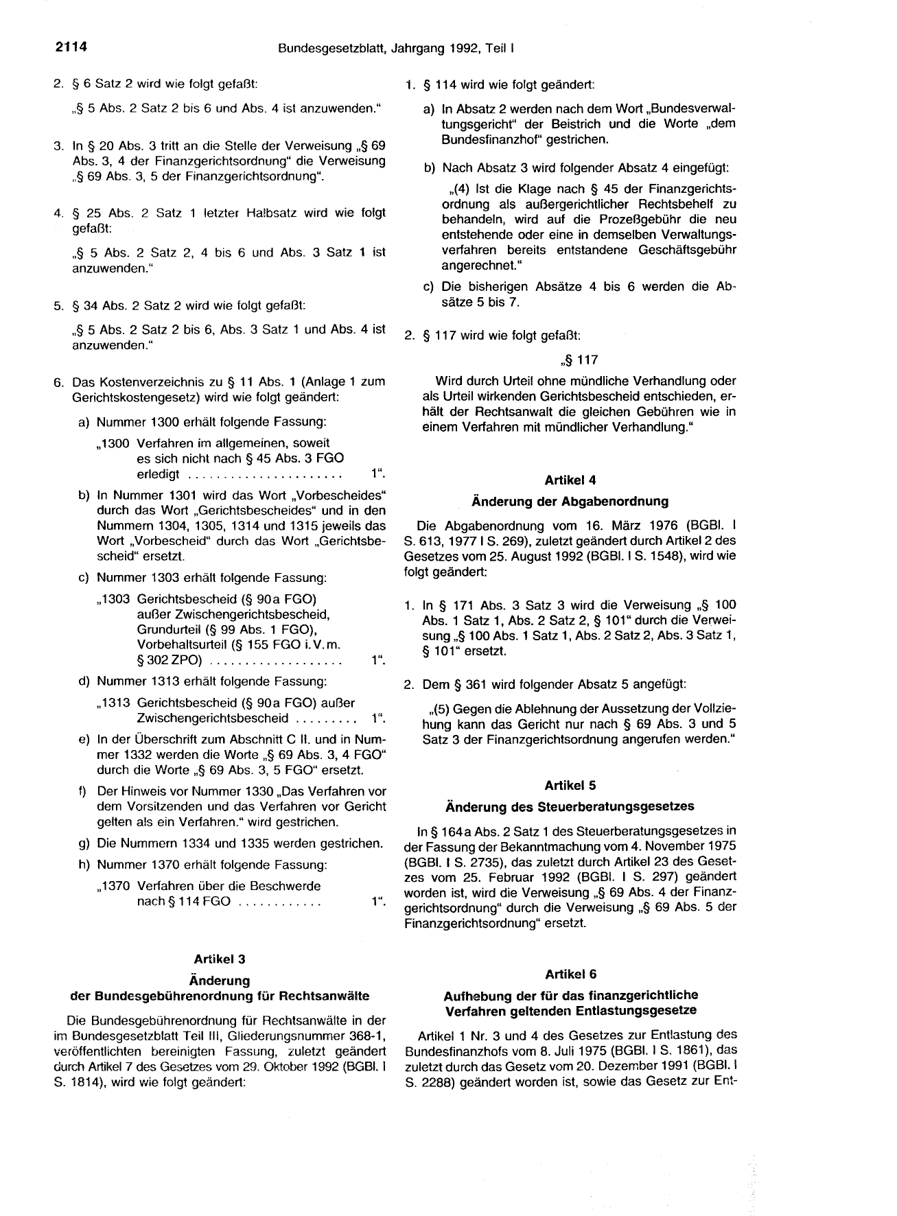 BGBl. 1992, Seite 2114 — Originalseite als Abbildung
