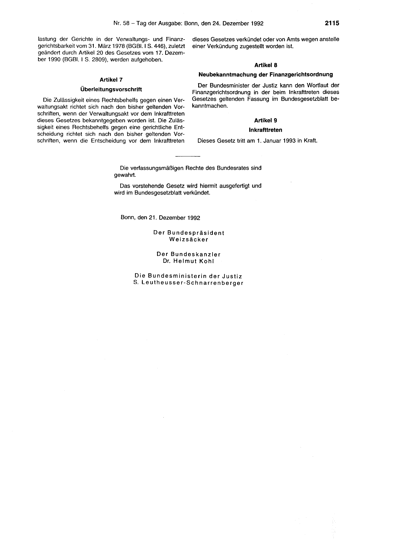 BGBl. 1992, Seite 2115 — Originalseite als Abbildung