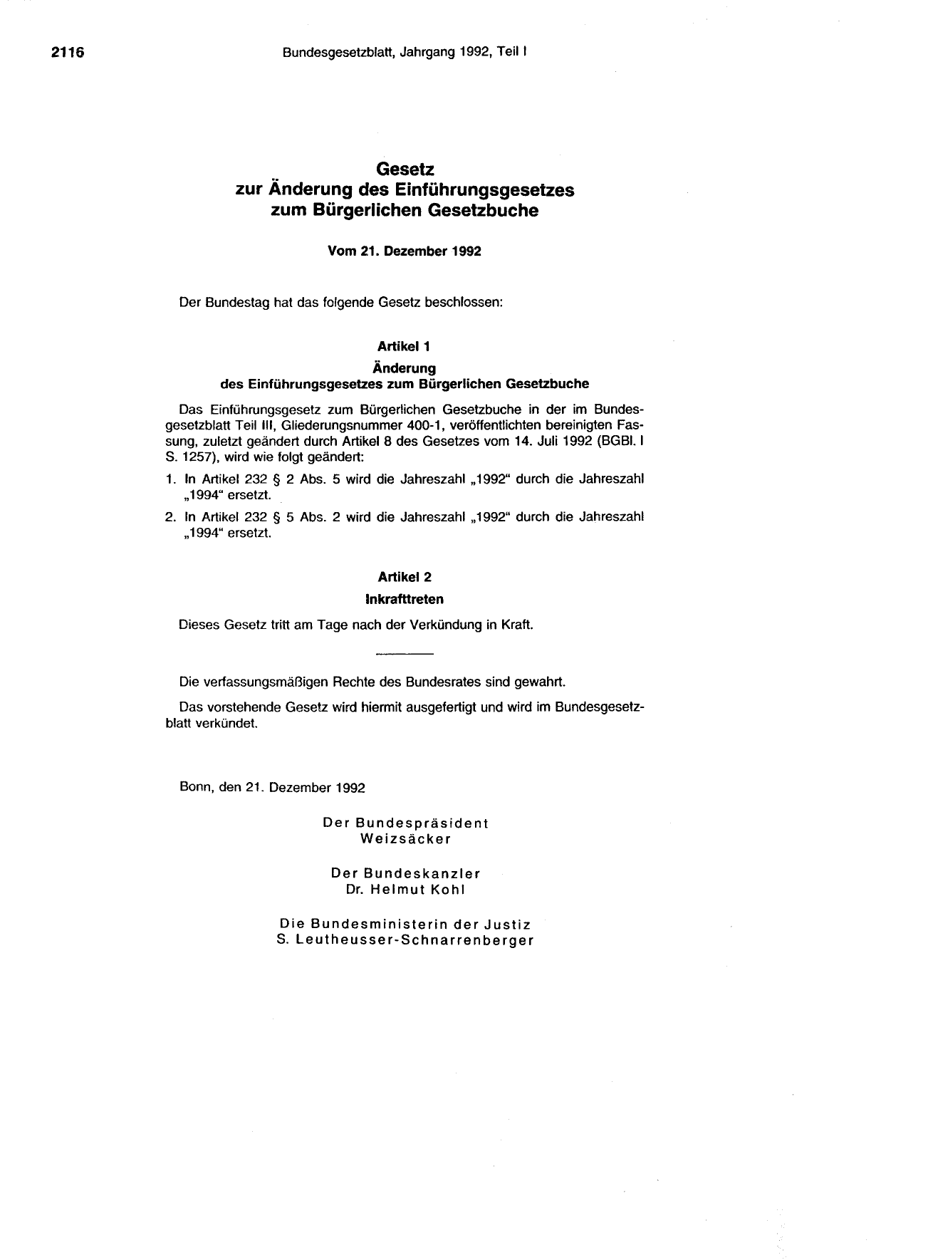 BGBl. 1992, Seite 2116 — Originalseite als Abbildung