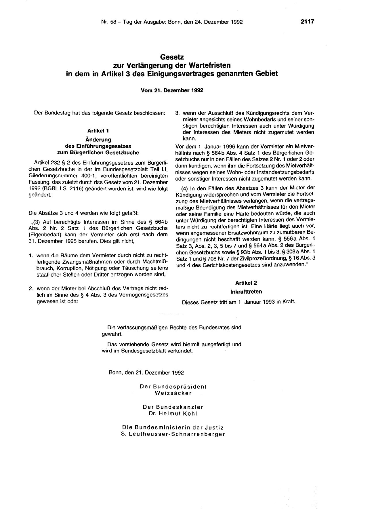 BGBl. 1992, Seite 2117 — Originalseite als Abbildung