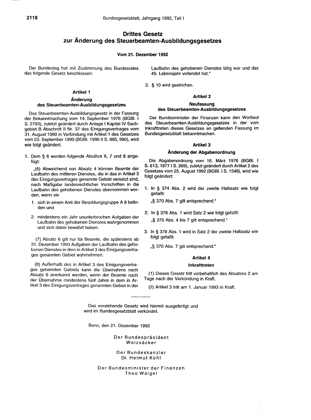 BGBl. 1992, Seite 2118 — Originalseite als Abbildung