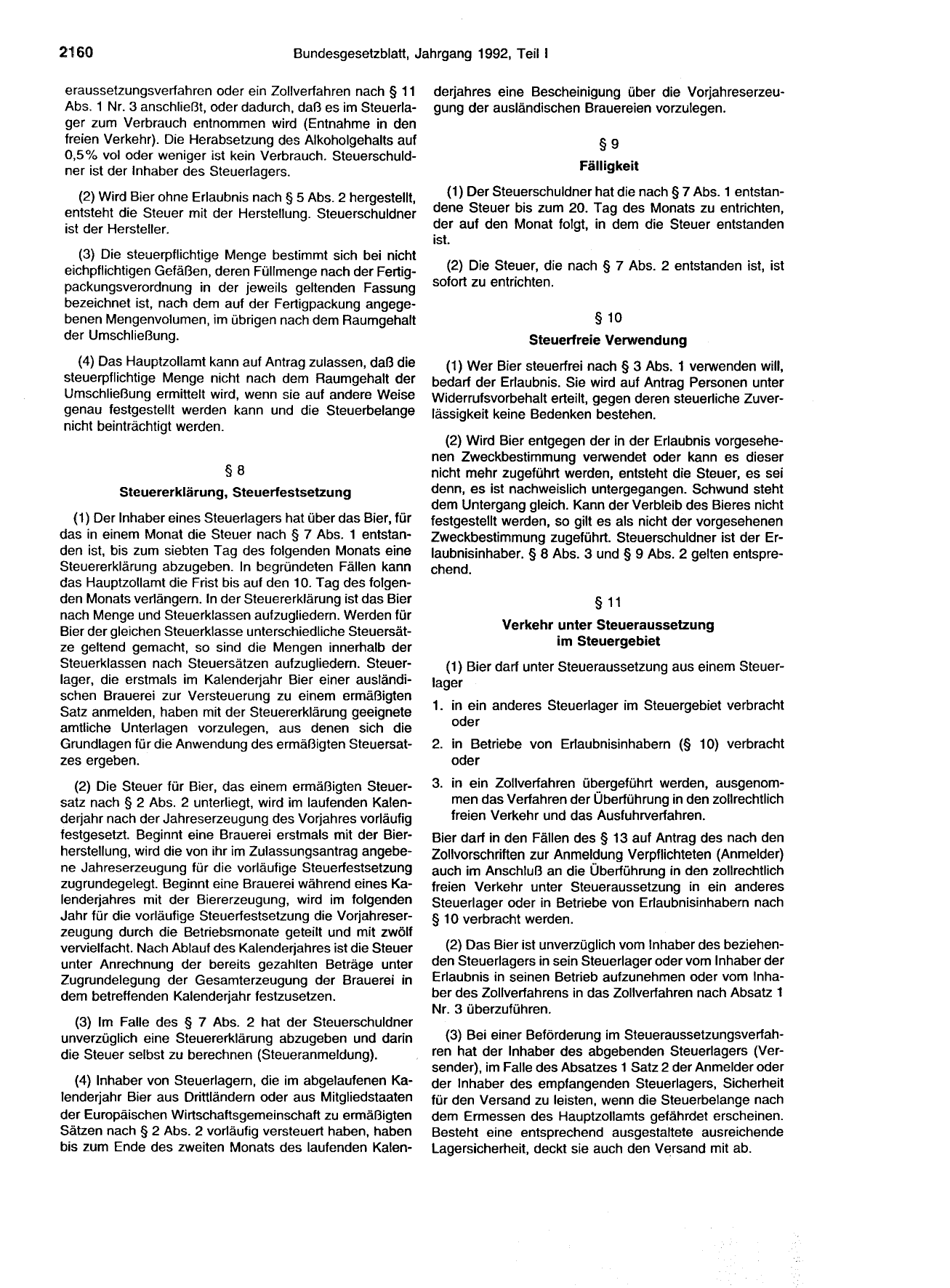 BGBl. 1992, Seite 2160 — Originalseite als Abbildung